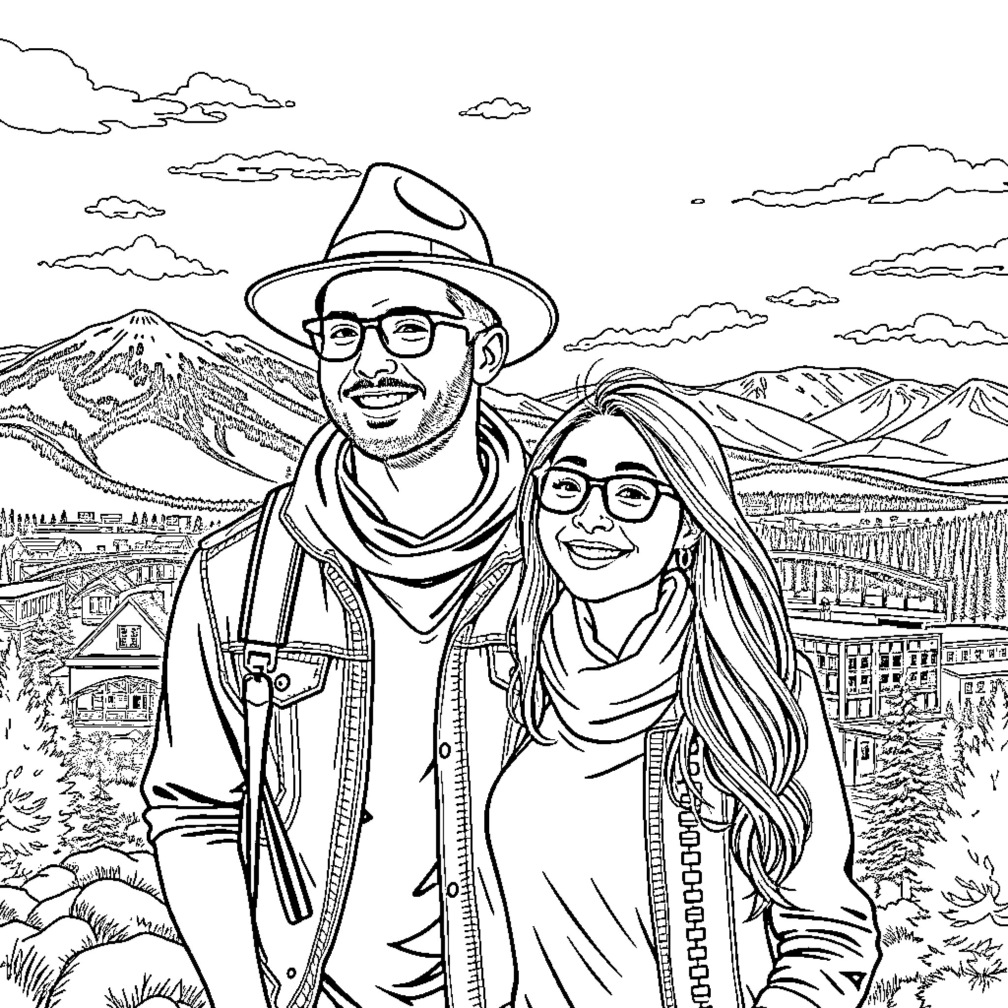 Boyfriend and girlfriend explore the mountain scenery Coloring Page (free black-and-white line drawing printable PDF for all, from beginners to advanced learners, including children, teens, adults, and seniors)