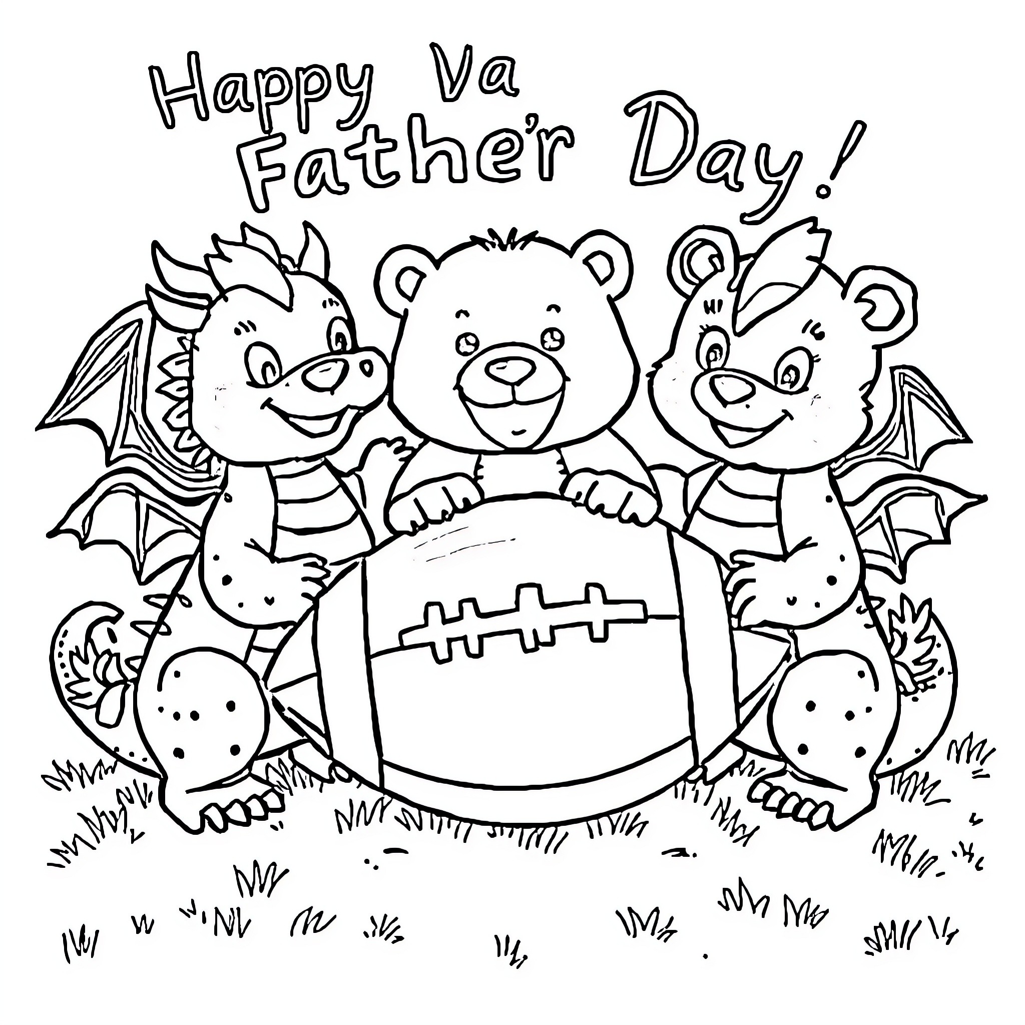 Dragon creatures celebrating Father's Day Coloring Page (free black-and-white line drawing printable PDF for all, from beginners to advanced learners, including children, teens, adults, and seniors)
