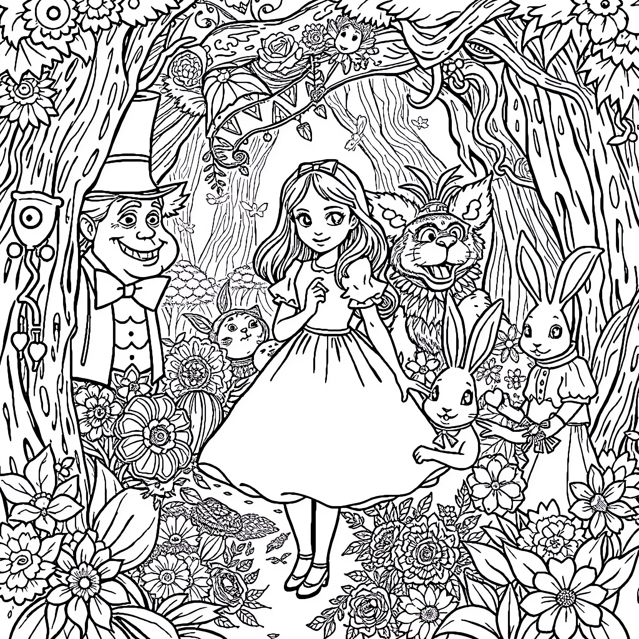Alice in Wonderland's fantastical adventures with friends Coloring Page (free black-and-white line drawing printable PDF for all, from beginners to advanced learners, including children, teens, adults, and seniors)
