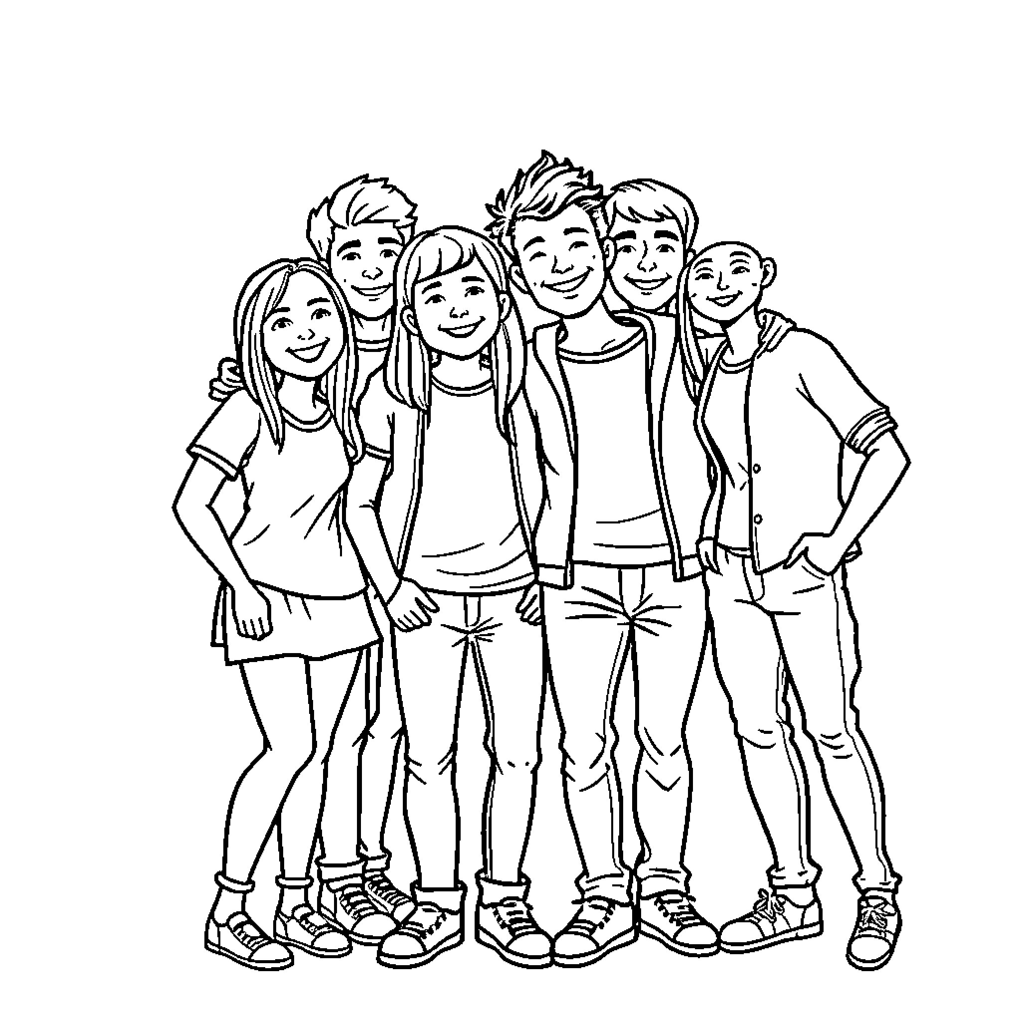Seven young friends posing together Coloring Page (free black-and-white line drawing printable PDF for all, from beginners to advanced learners, including children, teens, adults, and seniors)