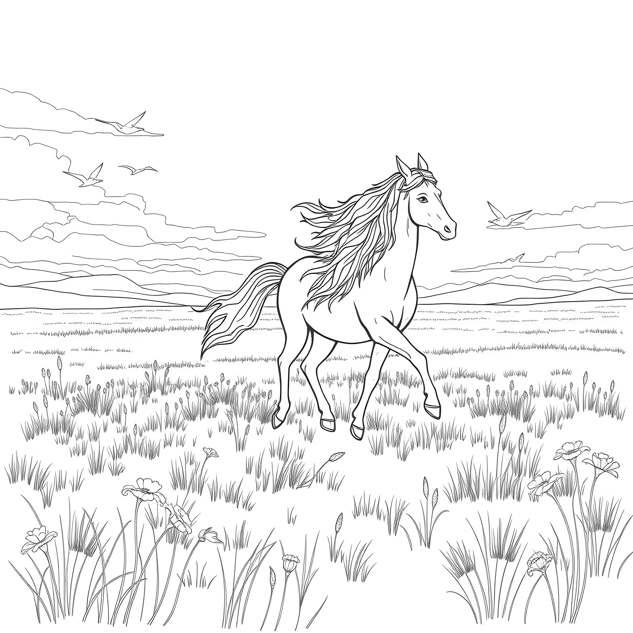 Spirit of the Majestic Horse in the Meadow Coloring Page (free black-and-white line drawing printable PDF for all, from beginners to advanced learners, including children, teens, adults, and seniors)