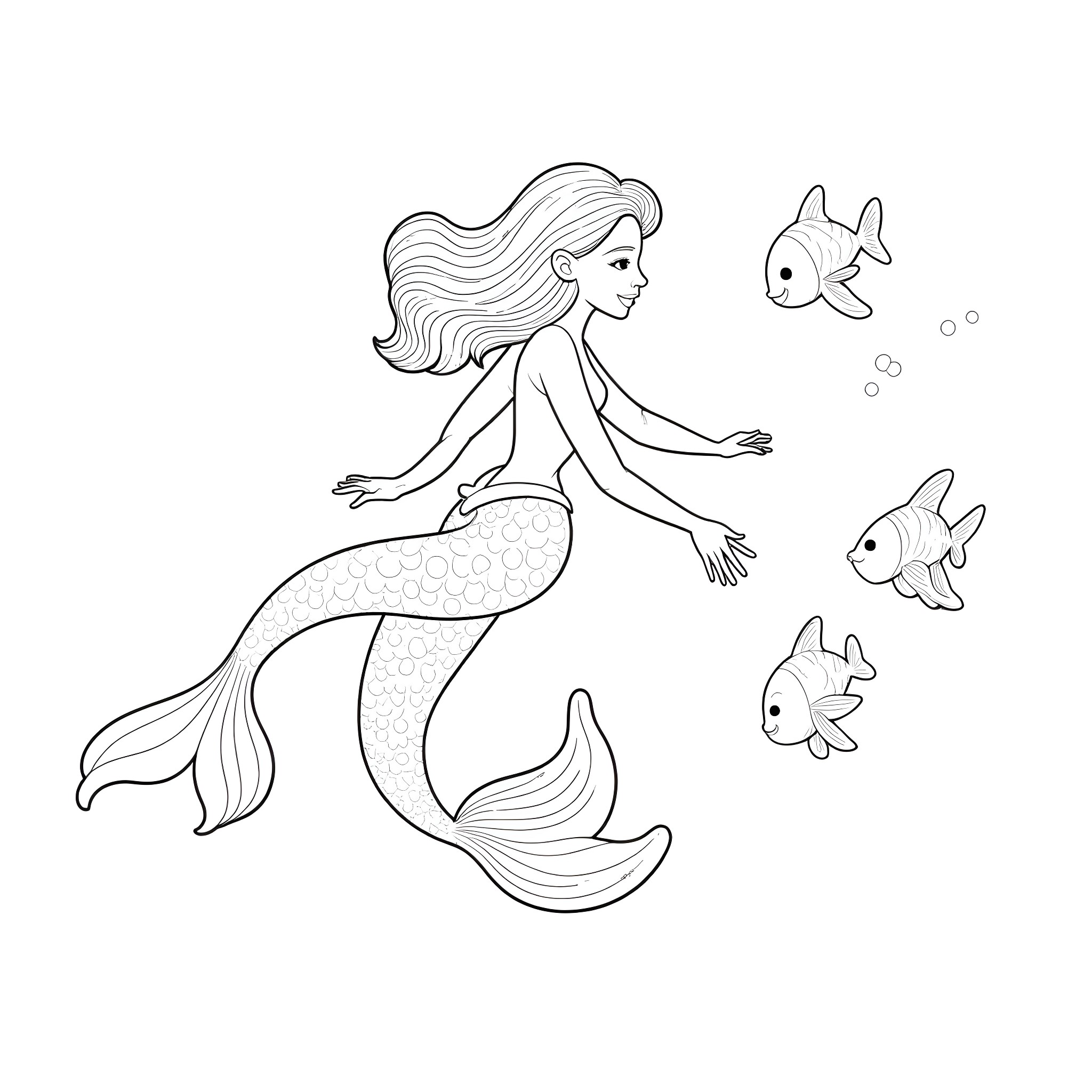 Mermaid Swimming with Friendly Fish Coloring Page (free black-and-white line drawing printable PDF for all, from beginners to advanced learners, including children, teens, adults, and seniors)