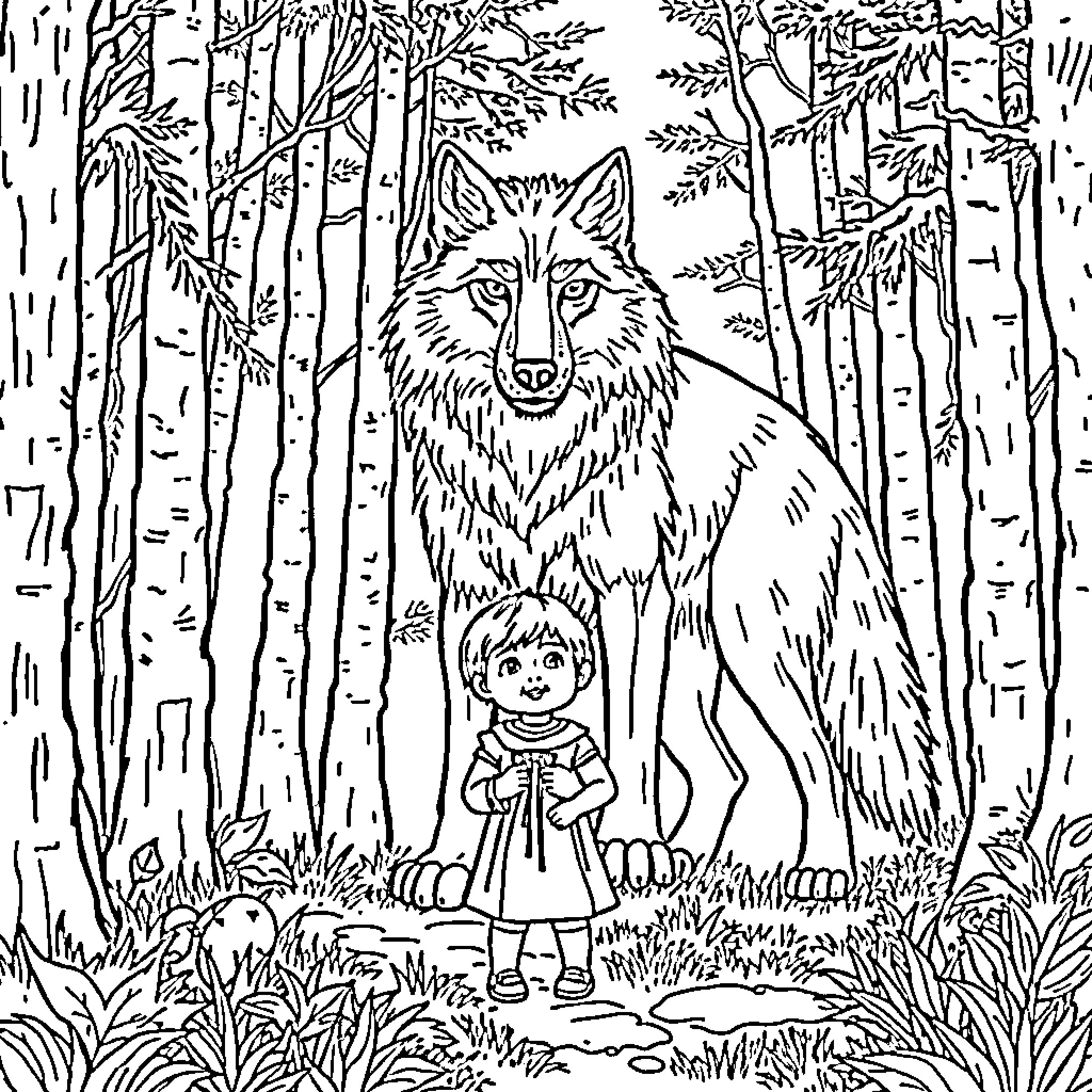 Wolf observing child in the forest Coloring Page (free black-and-white line drawing printable PDF for all, from beginners to advanced learners, including children, teens, adults, and seniors)