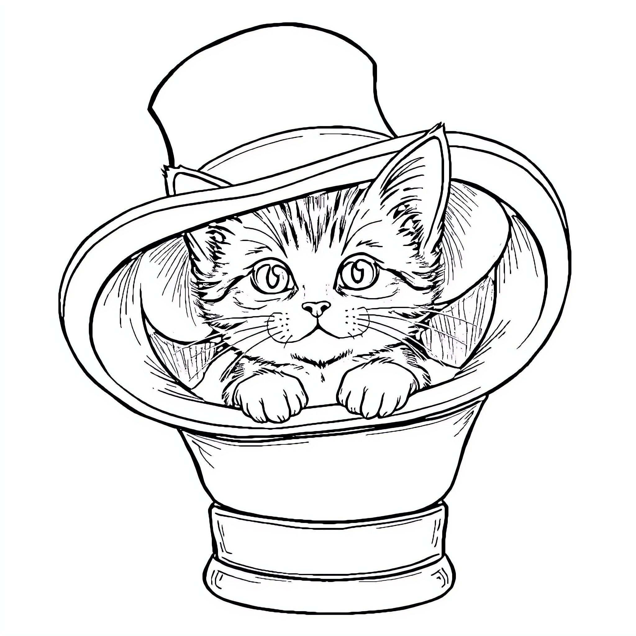 Cat in a Decorative Container Coloring Page (free black-and-white line drawing printable PDF for all, from beginners to advanced learners, including children, teens, adults, and seniors)