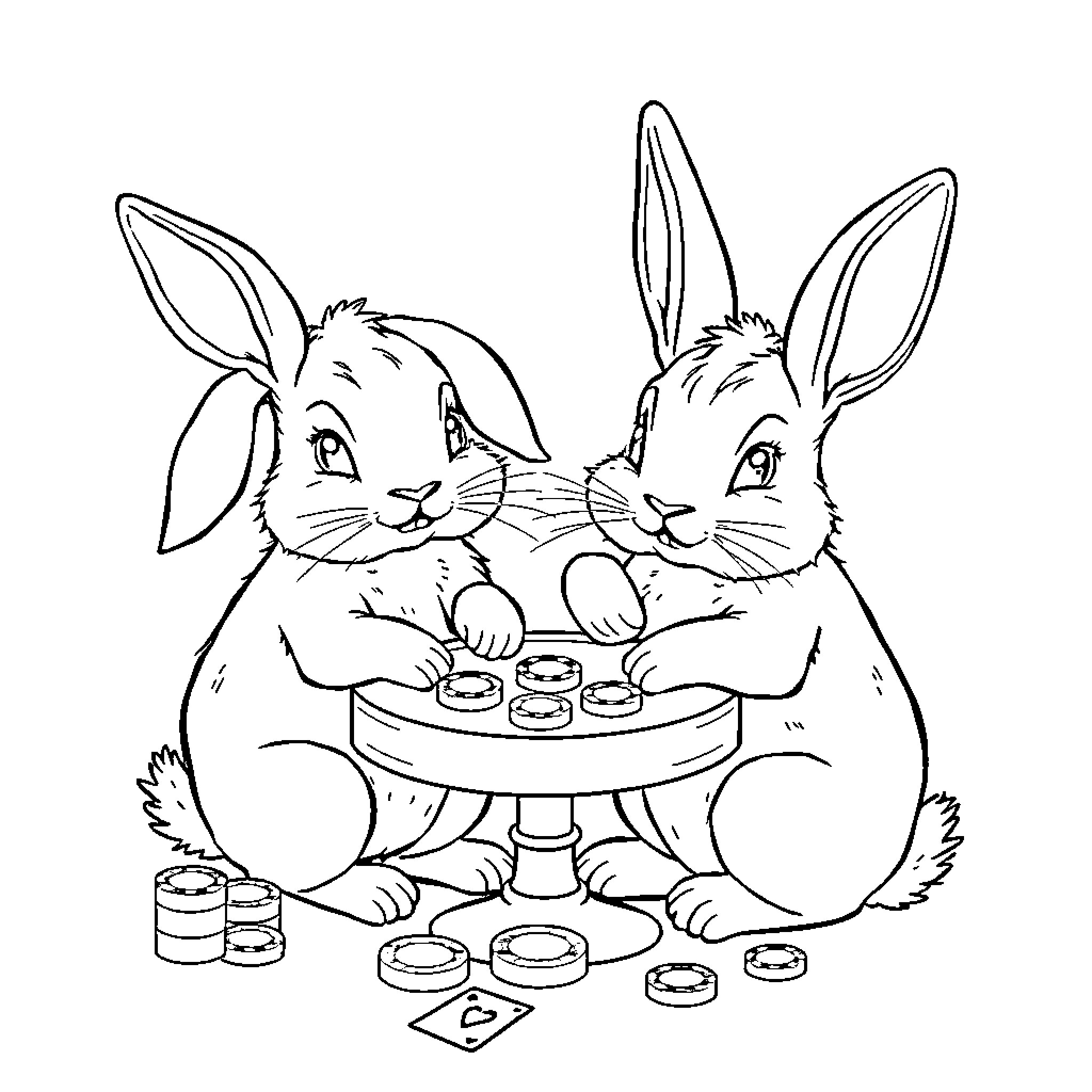 Bunny friends enjoying a tea party Coloring Page (free black-and-white line drawing printable PDF for all, from beginners to advanced learners, including children, teens, adults, and seniors)