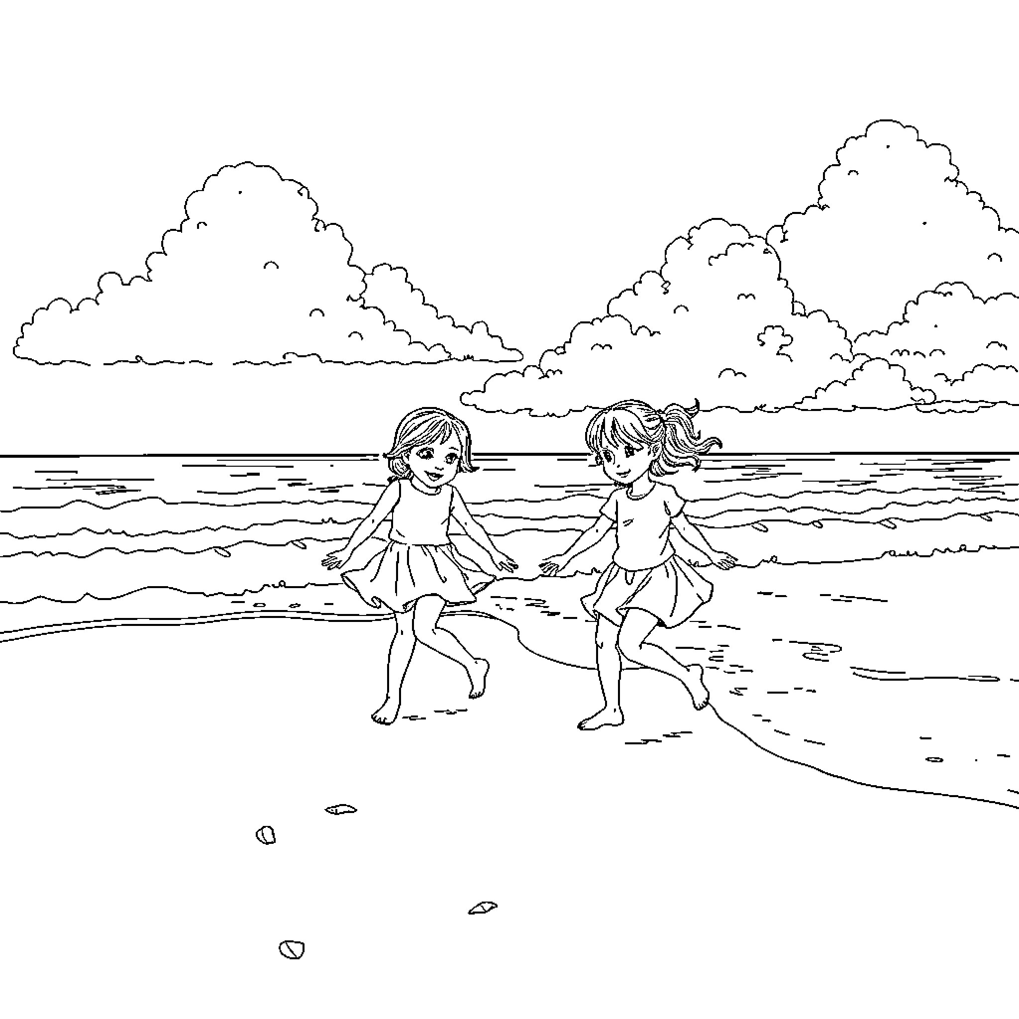 Girls playing joyfully on the beach Coloring Page (free black-and-white line drawing printable PDF for all, from beginners to advanced learners, including children, teens, adults, and seniors)