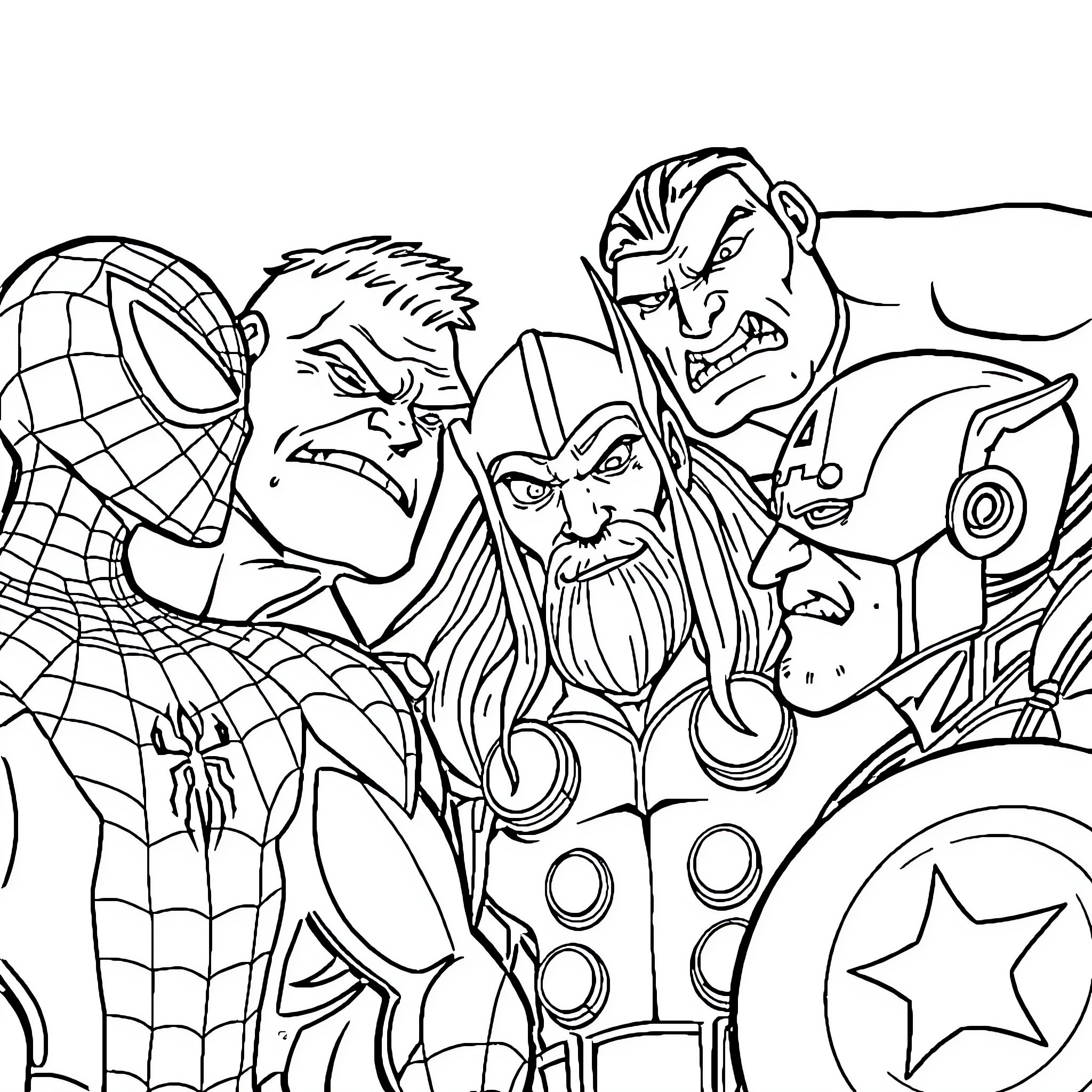 Superhero Ensemble Battling Villains in Action Coloring Page (free black-and-white line drawing printable PDF for all, from beginners to advanced learners, including children, teens, adults, and seniors)