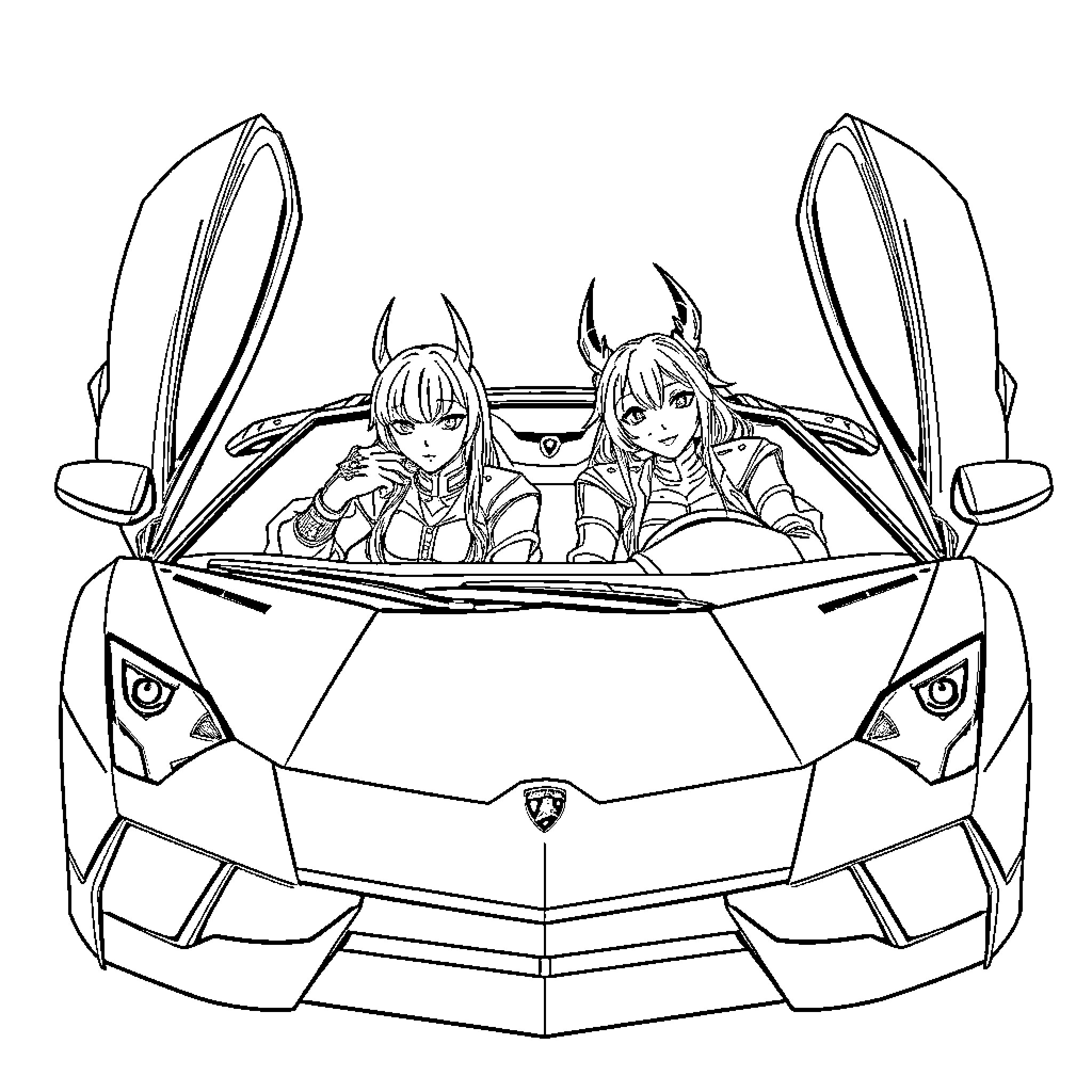 Huntrix riding in futuristic vehicle with companions Coloring Page (free black-and-white line drawing printable PDF for all, from beginners to advanced learners, including children, teens, adults, and seniors)