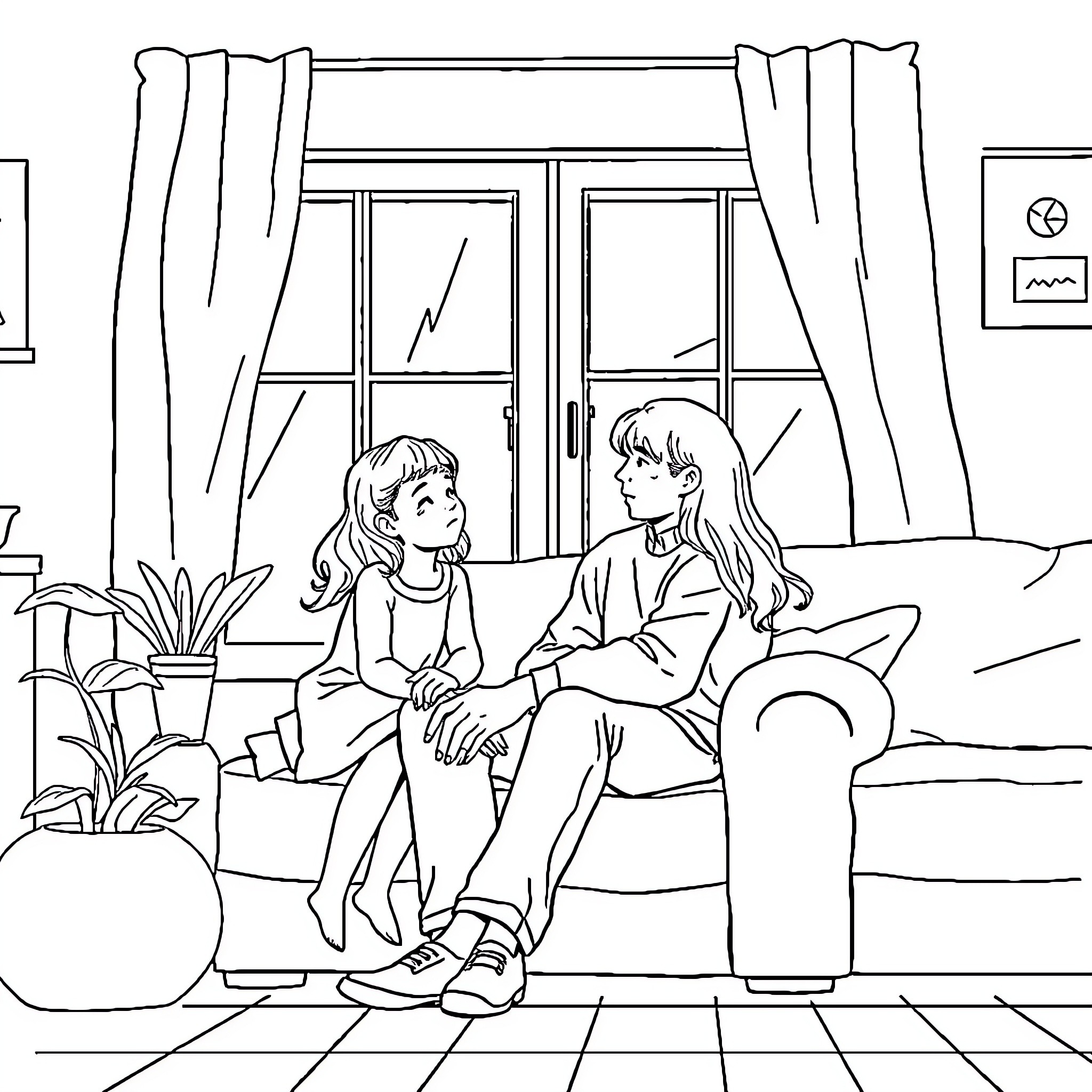Father and daughter bonding time at home Coloring Page (free black-and-white line drawing printable PDF for all, from beginners to advanced learners, including children, teens, adults, and seniors)