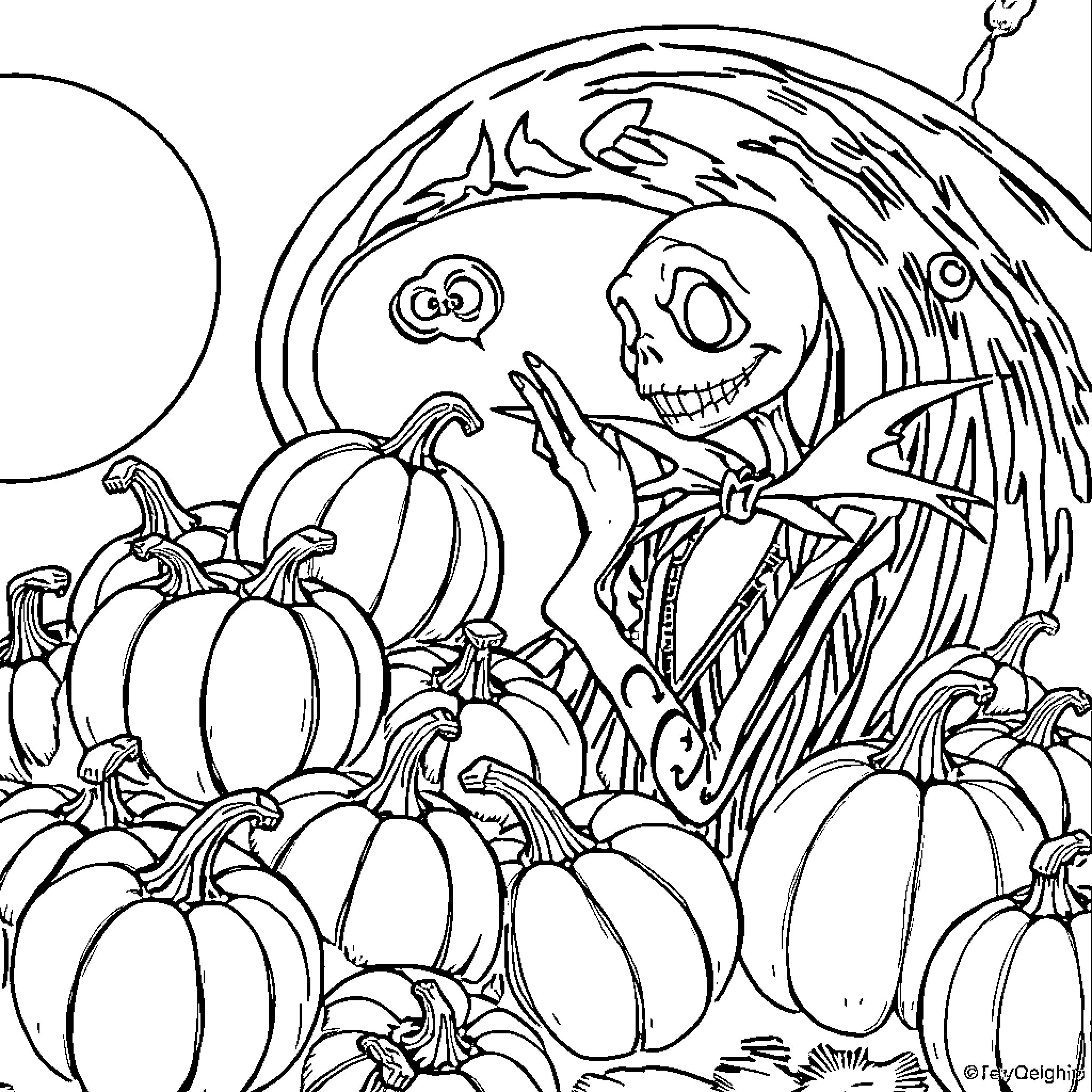 Beetlejuice surrounded by spooky pumpkins and sinister scenes Coloring Page (free black-and-white line drawing printable PDF for all, from beginners to advanced learners, including children, teens, adults, and seniors)