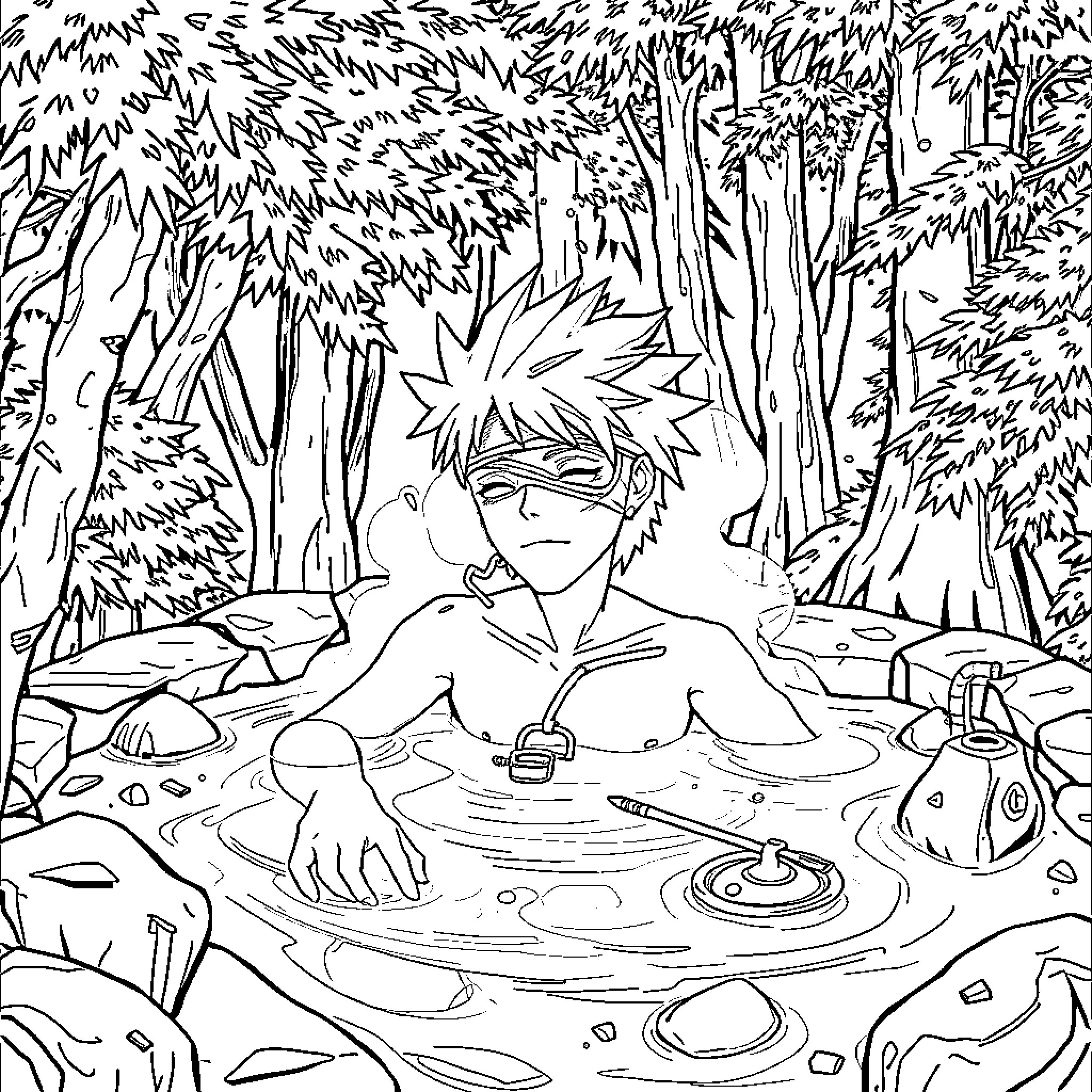Kakashi relaxing in a peaceful forest stream Coloring Page (free black-and-white line drawing printable PDF for all, from beginners to advanced learners, including children, teens, adults, and seniors)