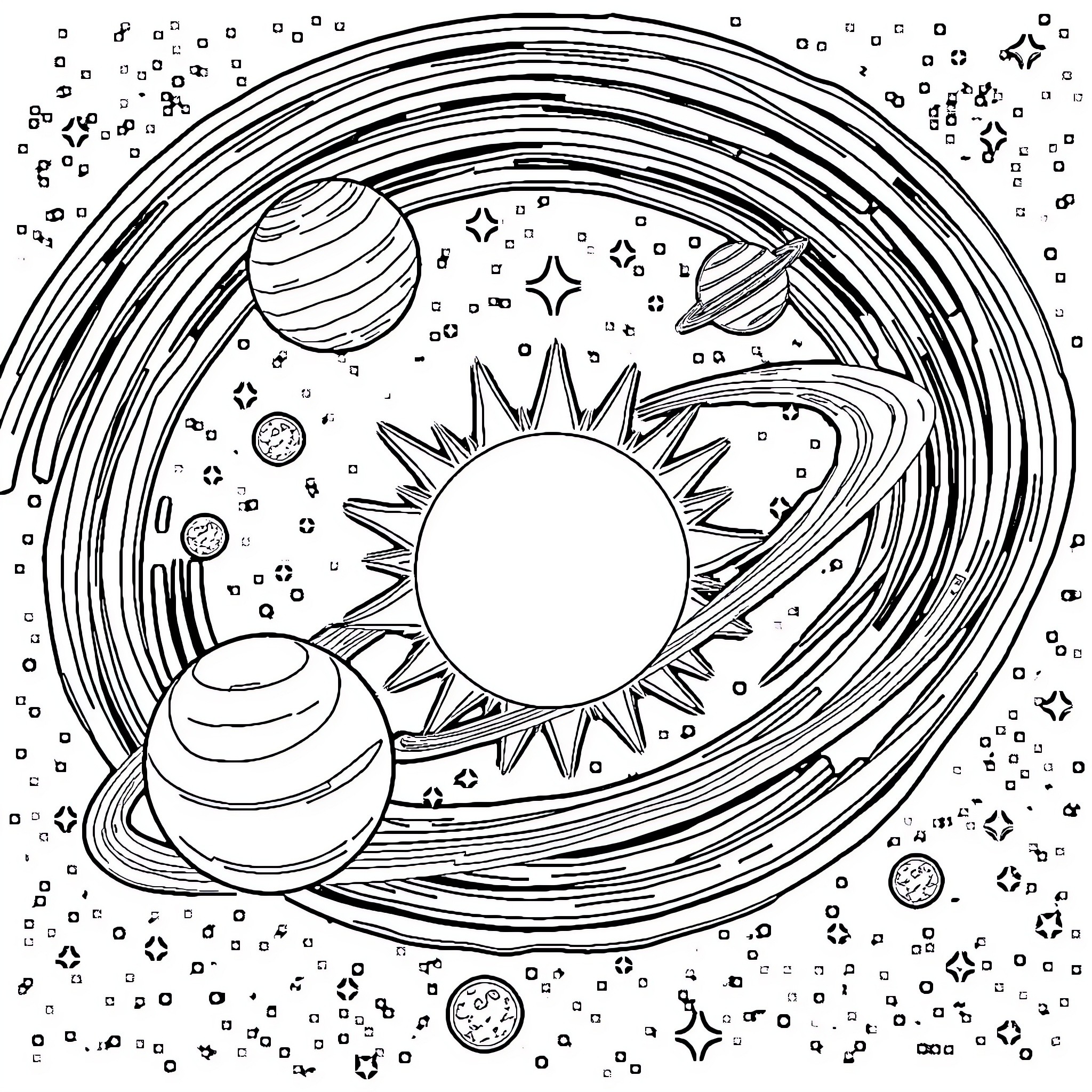 Planet with Sun and Celestial Objects Coloring Page (free black-and-white line drawing printable PDF for all, from beginners to advanced learners, including children, teens, adults, and seniors)