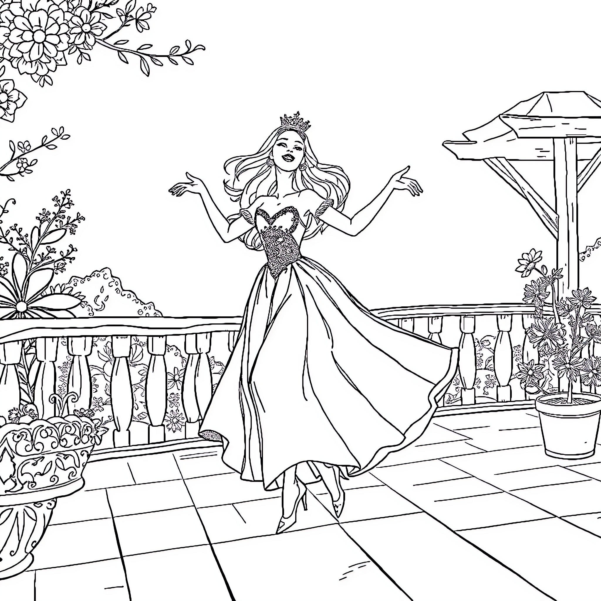 Princess Joyfully Dancing on Palace Balcony Coloring Page (free black-and-white line drawing printable PDF for all, from beginners to advanced learners, including children, teens, adults, and seniors)