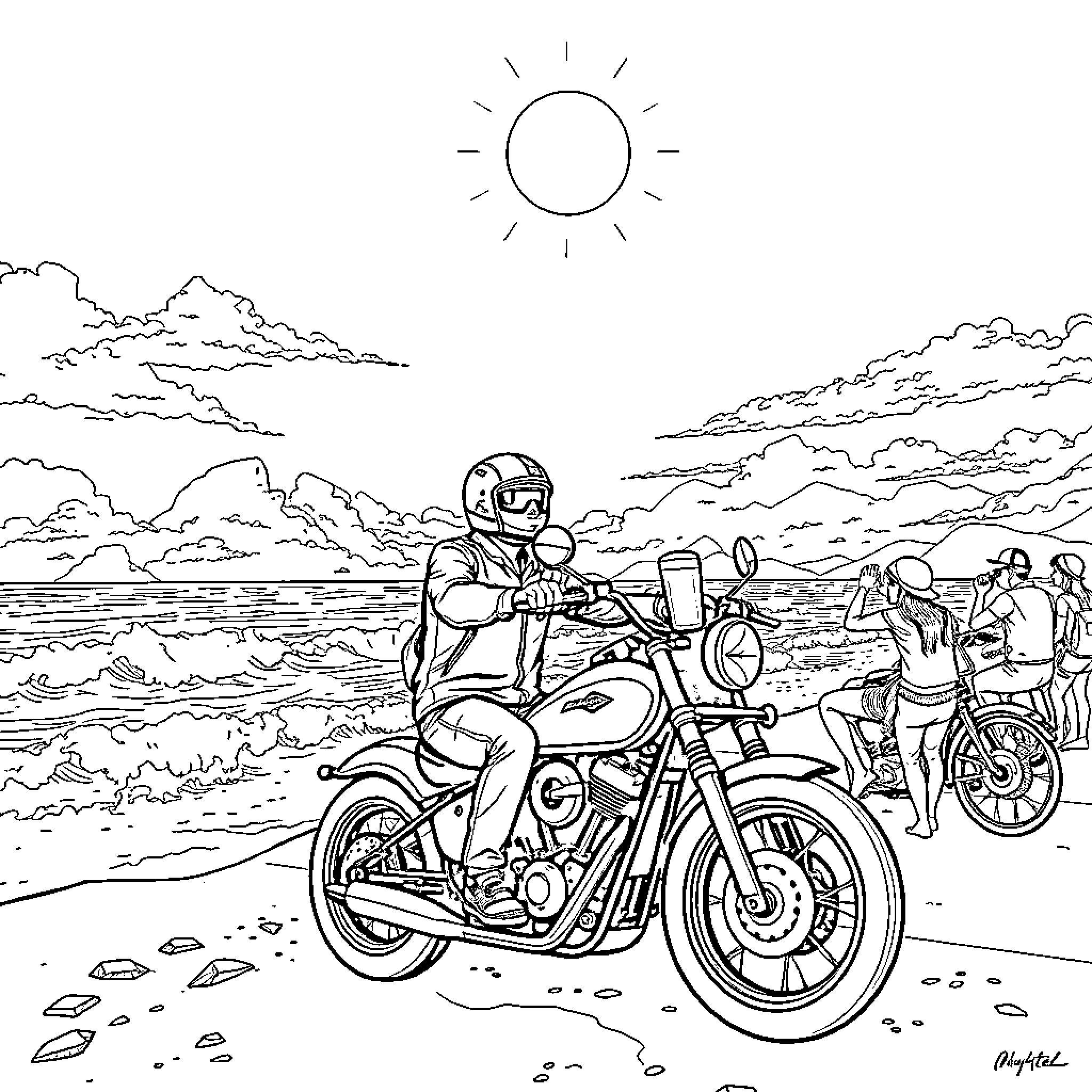 Biker riding on scenic coastal road with friends Coloring Page (free black-and-white line drawing printable PDF for all, from beginners to advanced learners, including children, teens, adults, and seniors)
