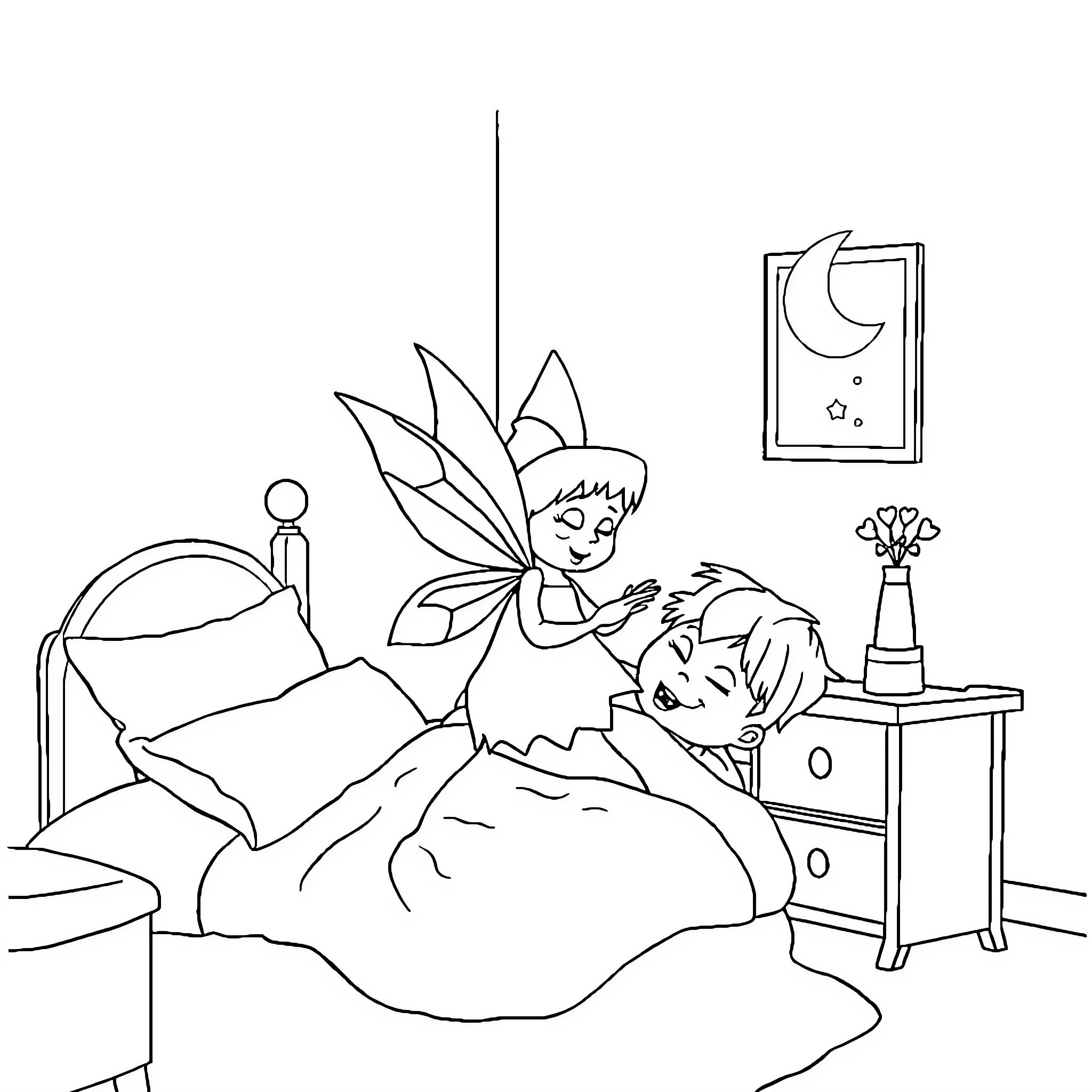 Tooth Fairy visiting a sleeping child Coloring Page (free black-and-white line drawing printable PDF for all, from beginners to advanced learners, including children, teens, adults, and seniors)