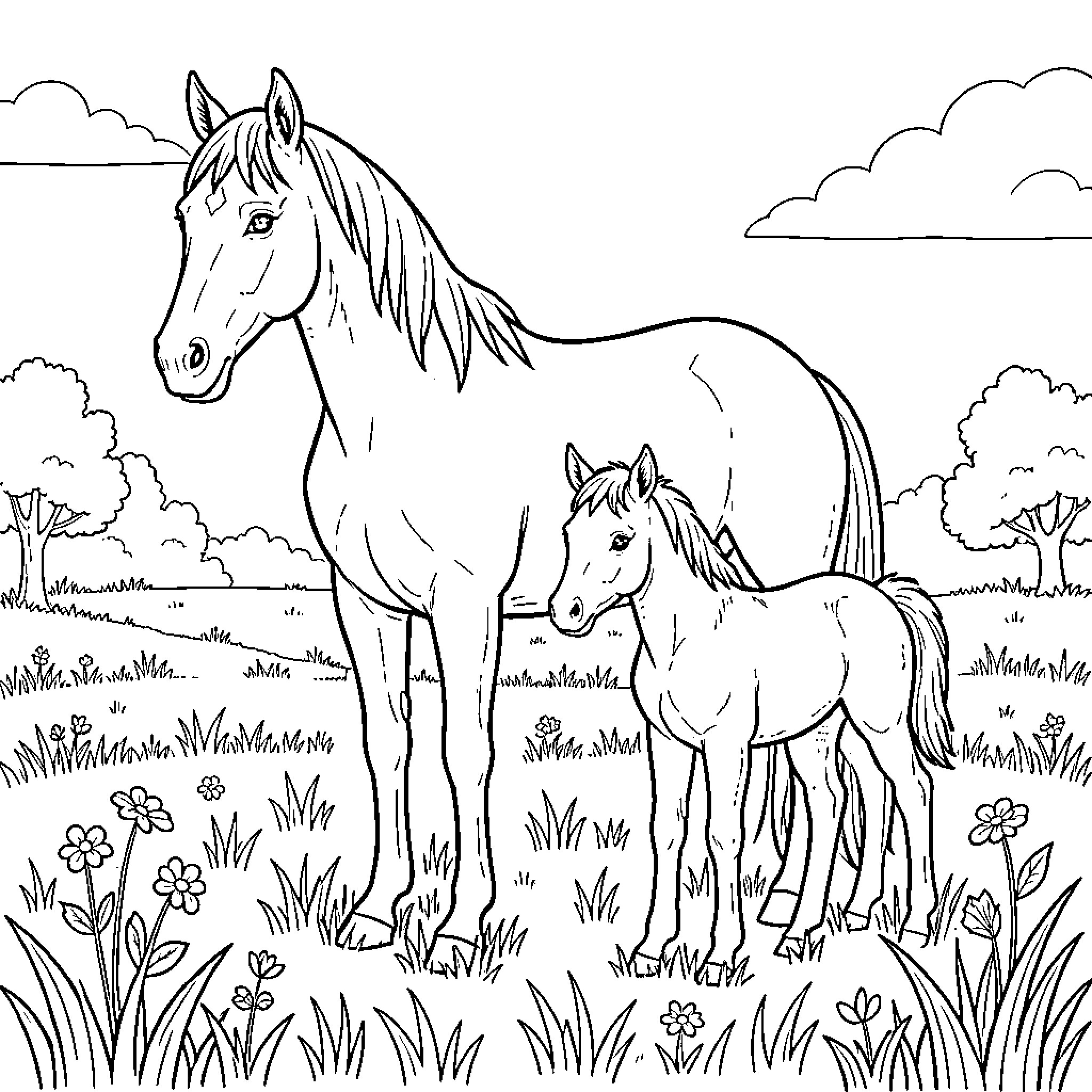 Horse and foal standing together in a grassy field Coloring Page (free black-and-white line drawing printable PDF for all, from beginners to advanced learners, including children, teens, adults, and seniors)