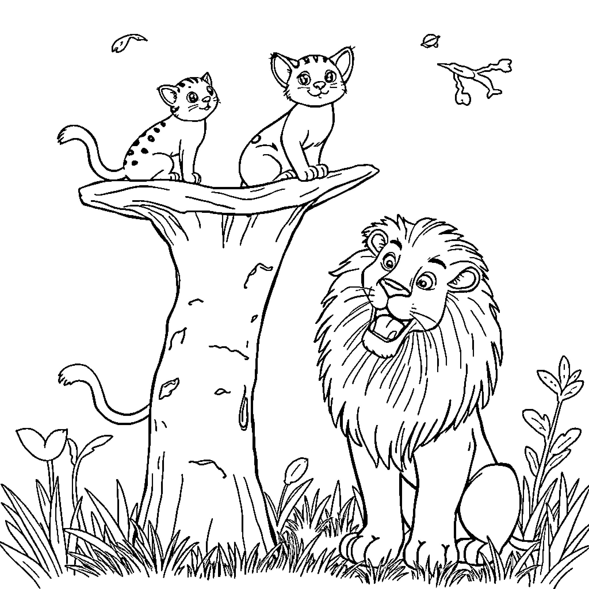 Cats and Lion in Wilderness Coloring Page (free black-and-white line drawing printable PDF for all, from beginners to advanced learners, including children, teens, adults, and seniors)