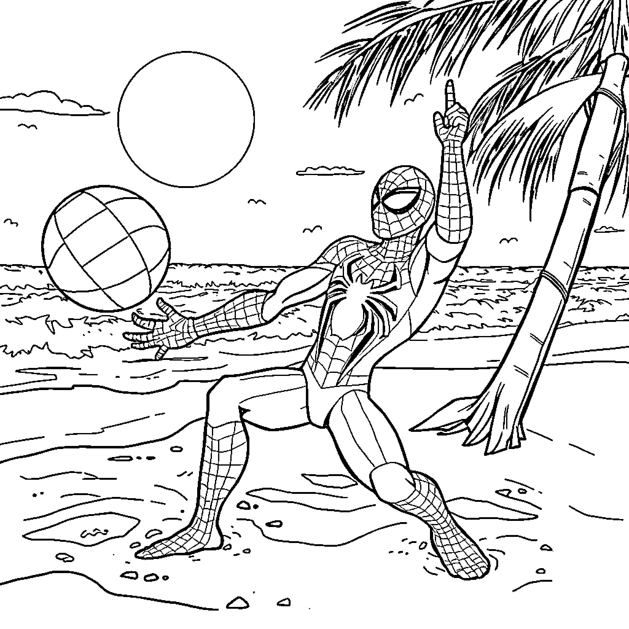 Spiderman enjoying a beach day Coloring Page (free black-and-white line drawing printable PDF for all, from beginners to advanced learners, including children, teens, adults, and seniors)