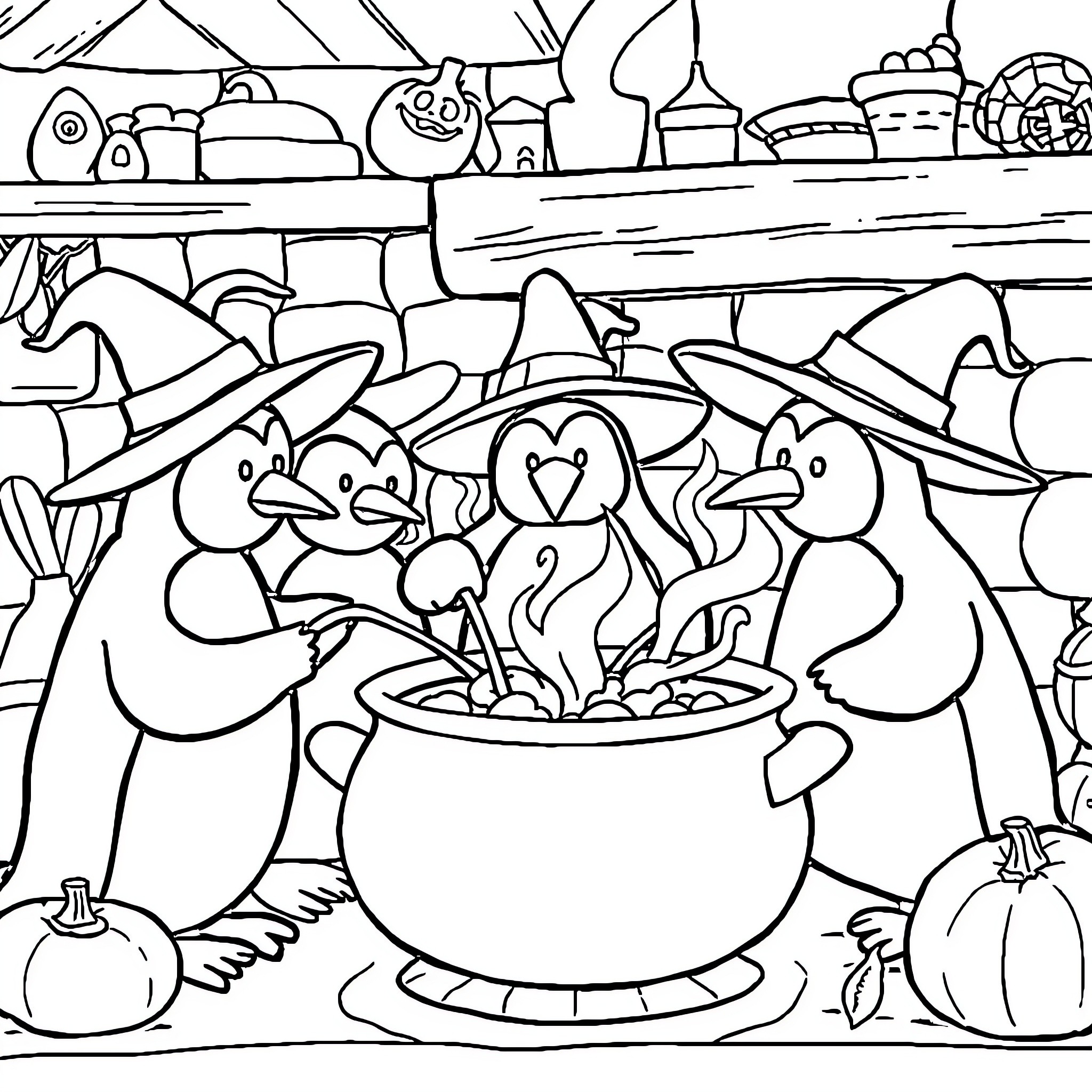 Penguins cooking a stew in a pot Coloring Page (free black-and-white line drawing printable PDF for all, from beginners to advanced learners, including children, teens, adults, and seniors)