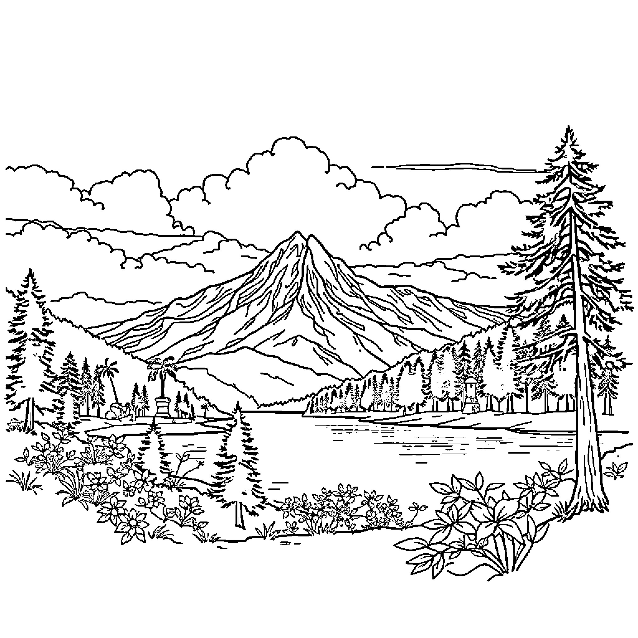 Scenery of majestic mountains and tranquil lake Coloring Page (free black-and-white line drawing printable PDF for all, from beginners to advanced learners, including children, teens, adults, and seniors)