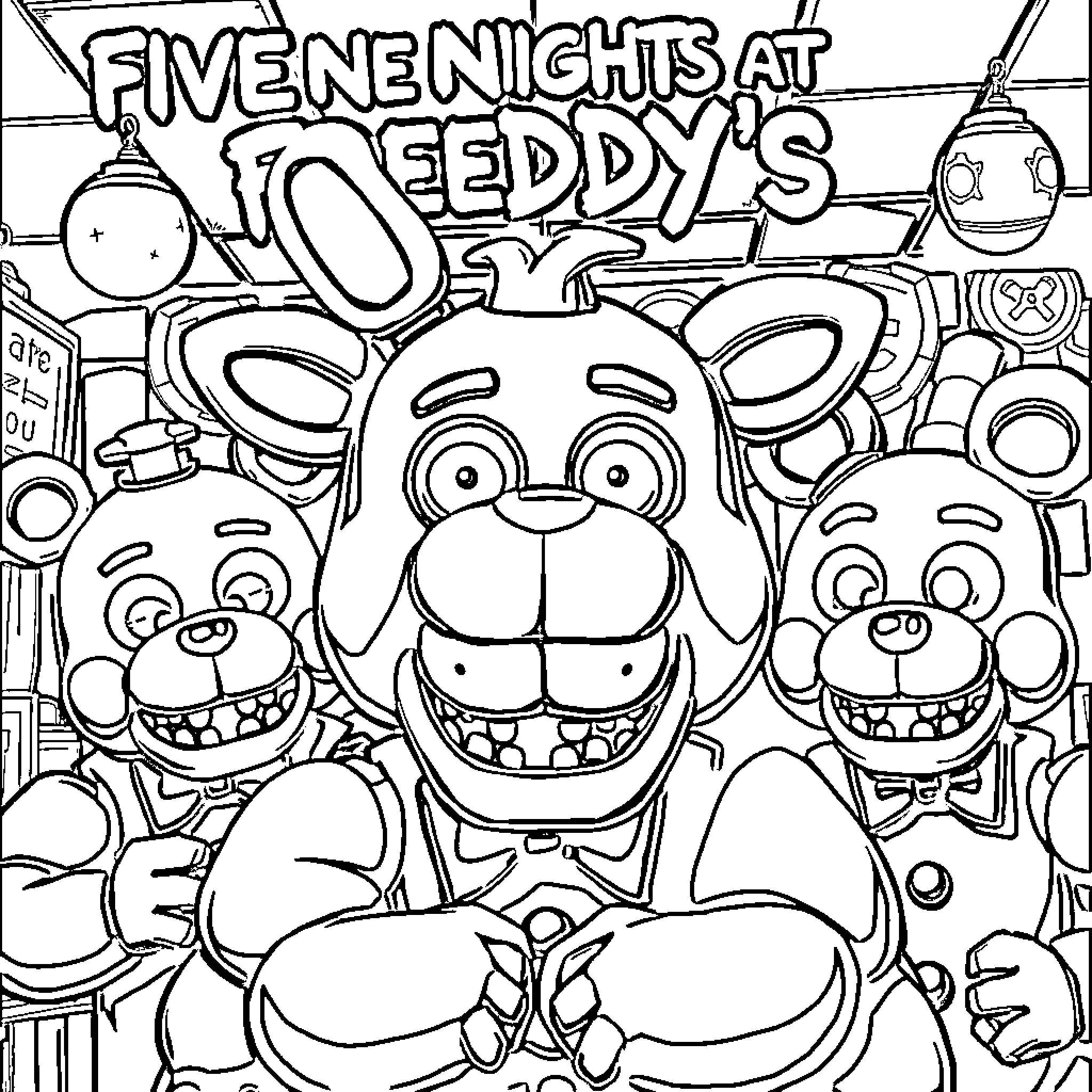 Five Nights At Freddy's - Frightening Animatronics in Action Coloring Page (free black-and-white line drawing printable PDF for all, from beginners to advanced learners, including children, teens, adults, and seniors)