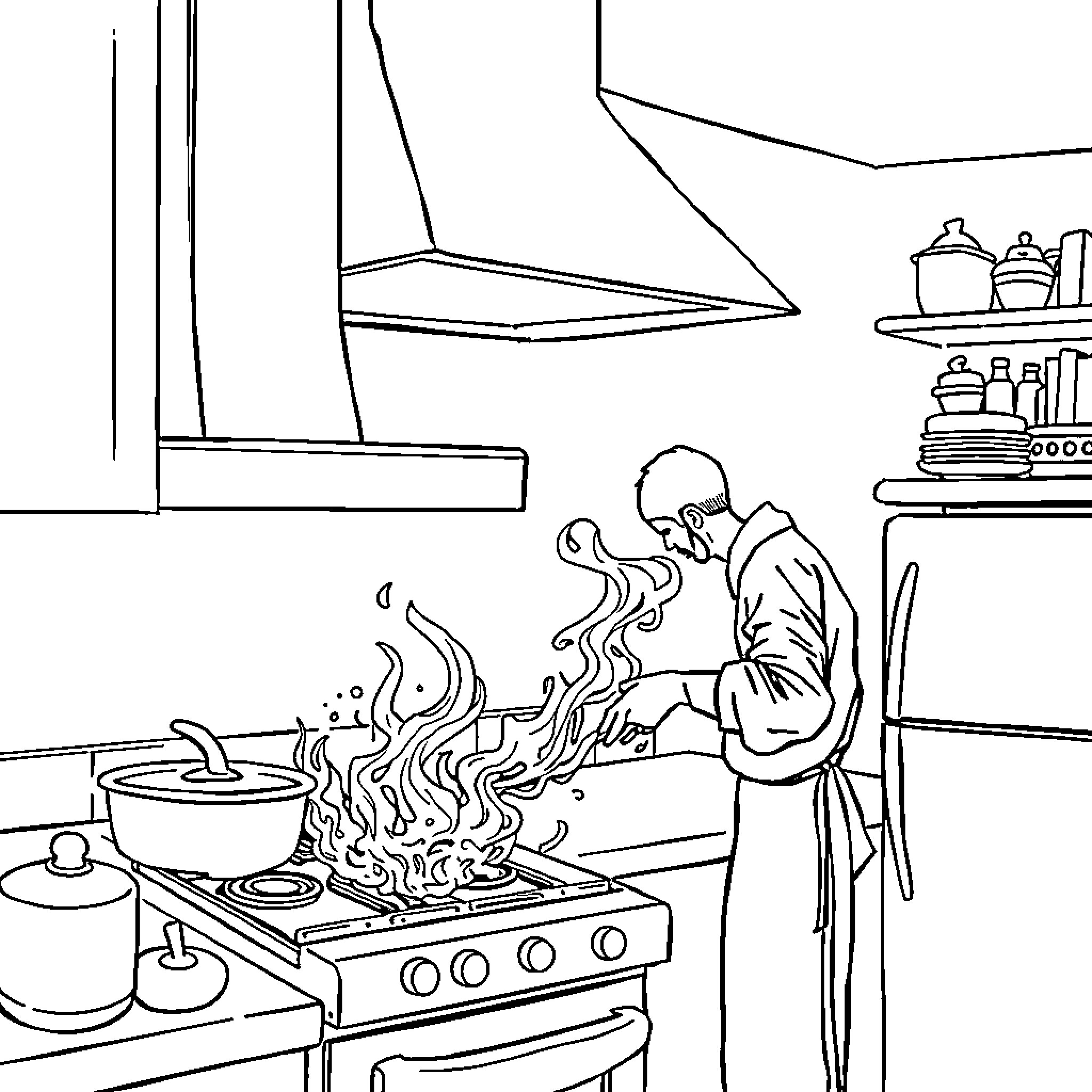 Cook preparing a meal in the kitchen Coloring Page (free black-and-white line drawing printable PDF for all, from beginners to advanced learners, including children, teens, adults, and seniors)