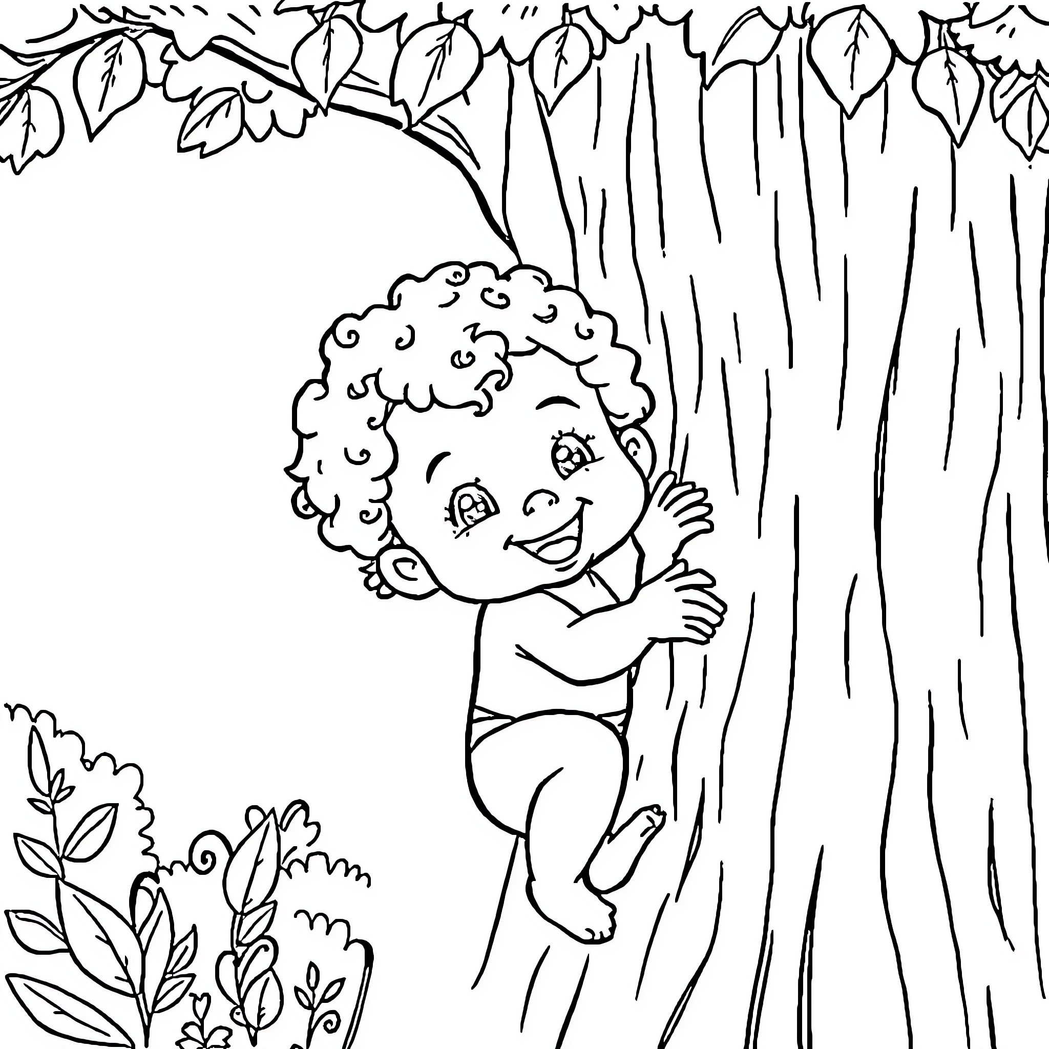 Baby climbing up a tree in the forest Coloring Page (free black-and-white line drawing printable PDF for all, from beginners to advanced learners, including children, teens, adults, and seniors)