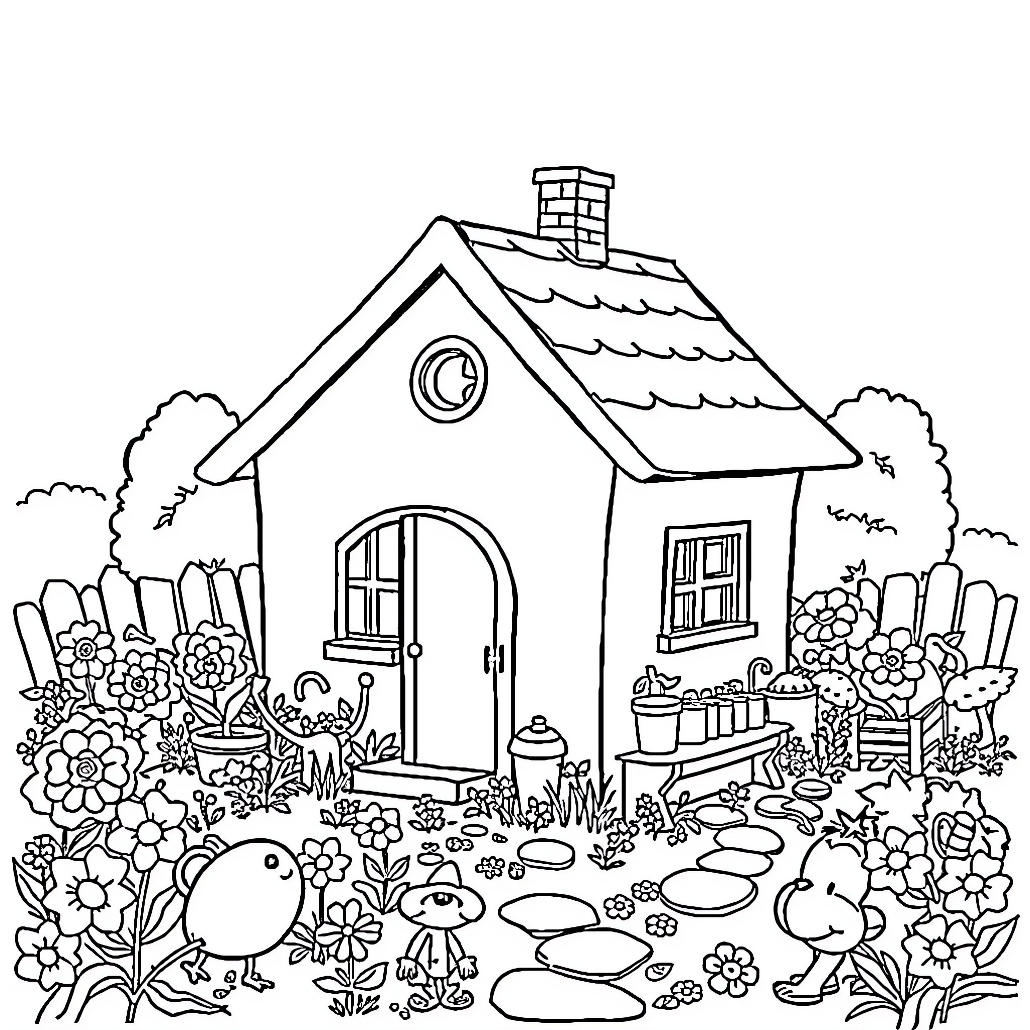 George's Cozy Cottage in the Blooming Garden Coloring Page (free black-and-white line drawing printable PDF for all, from beginners to advanced learners, including children, teens, adults, and seniors)