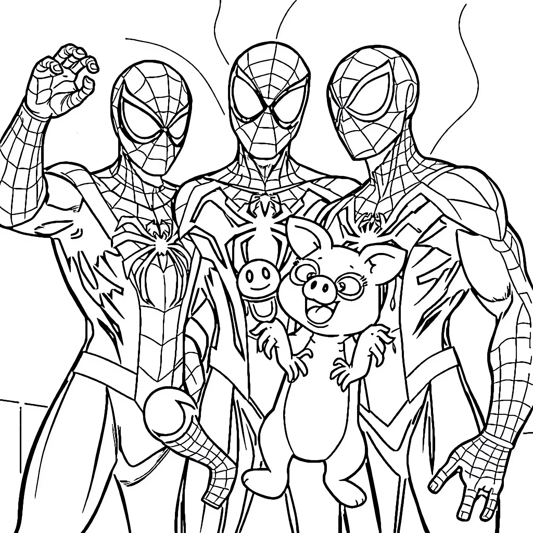 Spider-Man and friends in action-packed adventure Coloring Page (free black-and-white line drawing printable PDF for all, from beginners to advanced learners, including children, teens, adults, and seniors)