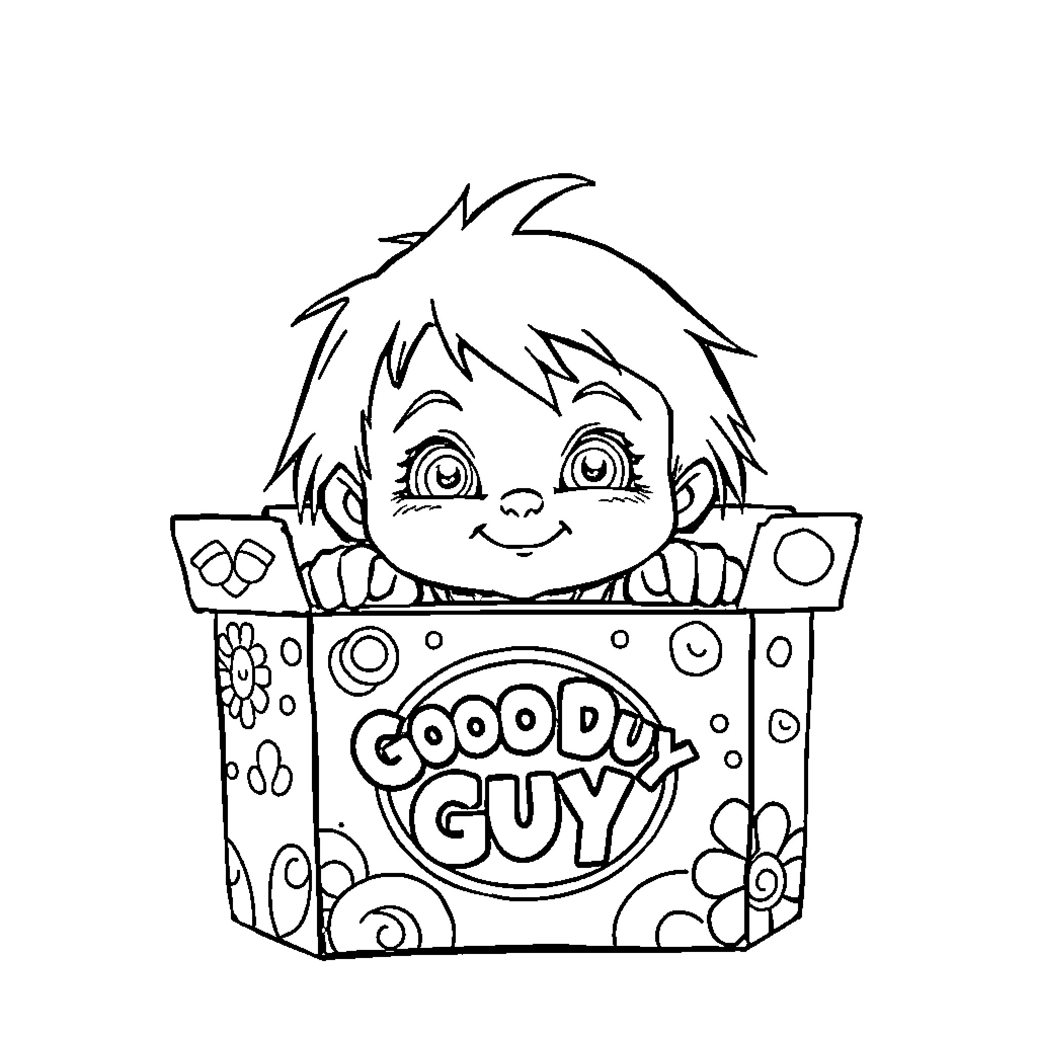 Chucky peeking out of a 'Goody Guy' box Coloring Page (free black-and-white line drawing printable PDF for all, from beginners to advanced learners, including children, teens, adults, and seniors)
