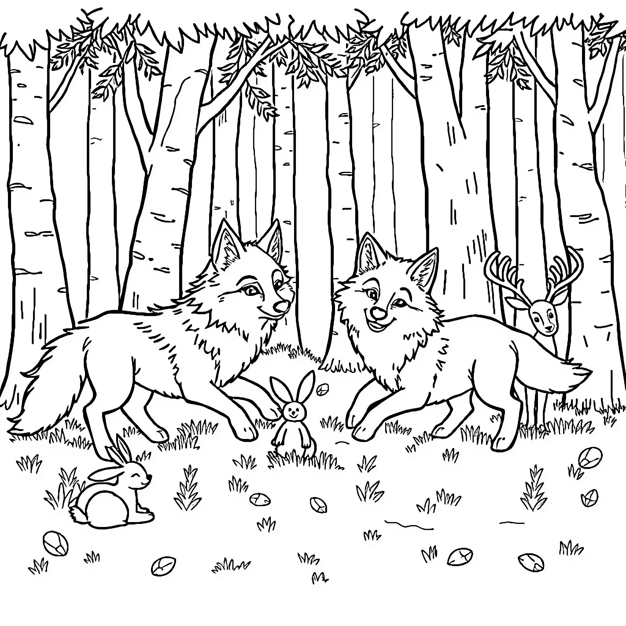 Wolf pack exploring the forest wilderness Coloring Page (free black-and-white line drawing printable PDF for all, from beginners to advanced learners, including children, teens, adults, and seniors)