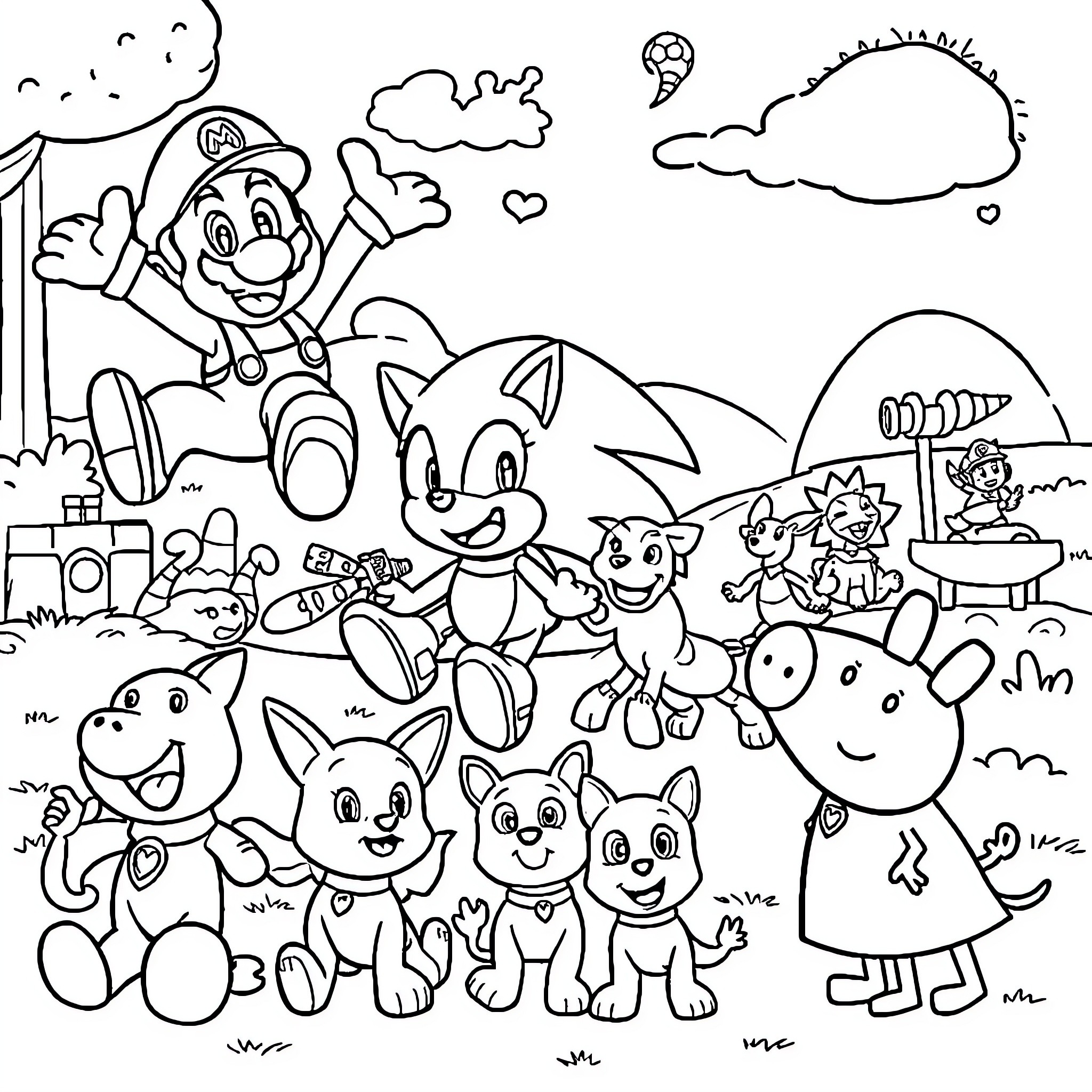 Character friends in a playful outdoor scene Coloring Page (free black-and-white line drawing printable PDF for all, from beginners to advanced learners, including children, teens, adults, and seniors)