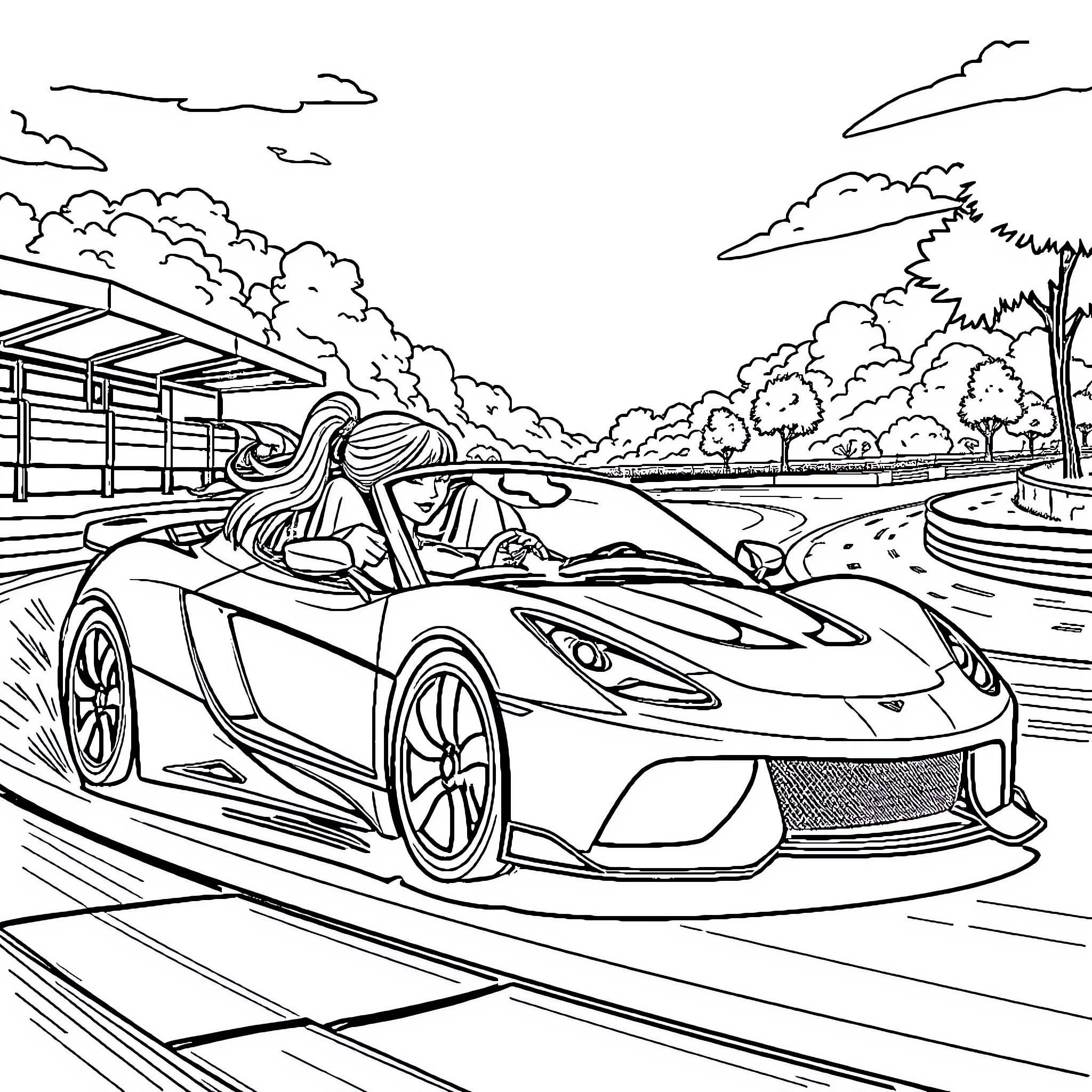 Girl driving sports car through scenic landscape Coloring Page (free black-and-white line drawing printable PDF for all, from beginners to advanced learners, including children, teens, adults, and seniors)