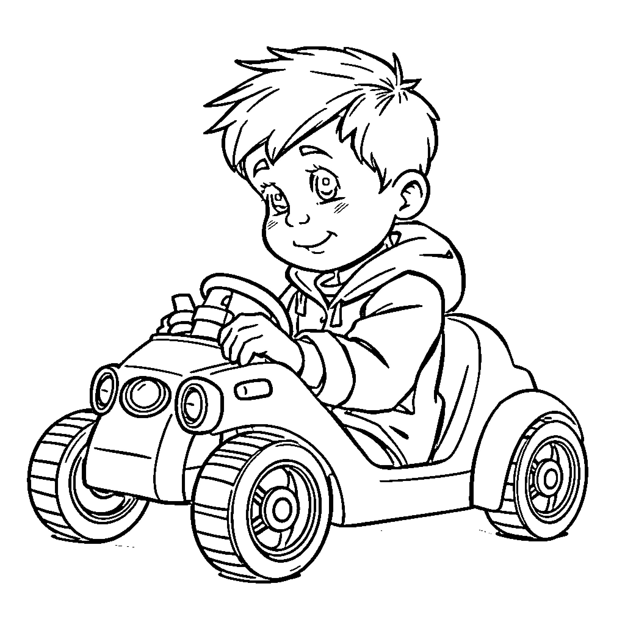 Child driving a toy car happily Coloring Page (free black-and-white line drawing printable PDF for all, from beginners to advanced learners, including children, teens, adults, and seniors)