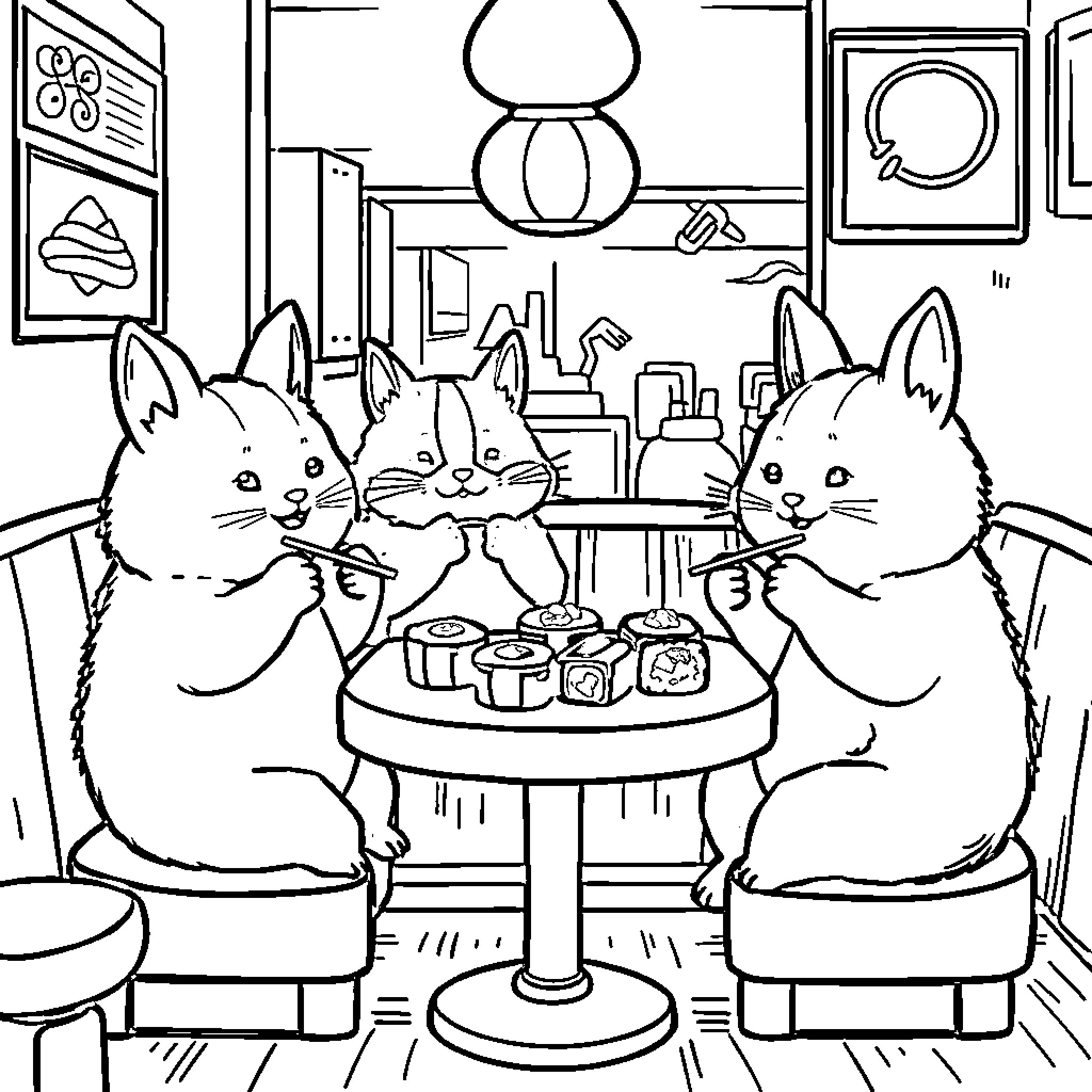Calico Critters enjoying a meal together Coloring Page (free black-and-white line drawing printable PDF for all, from beginners to advanced learners, including children, teens, adults, and seniors)