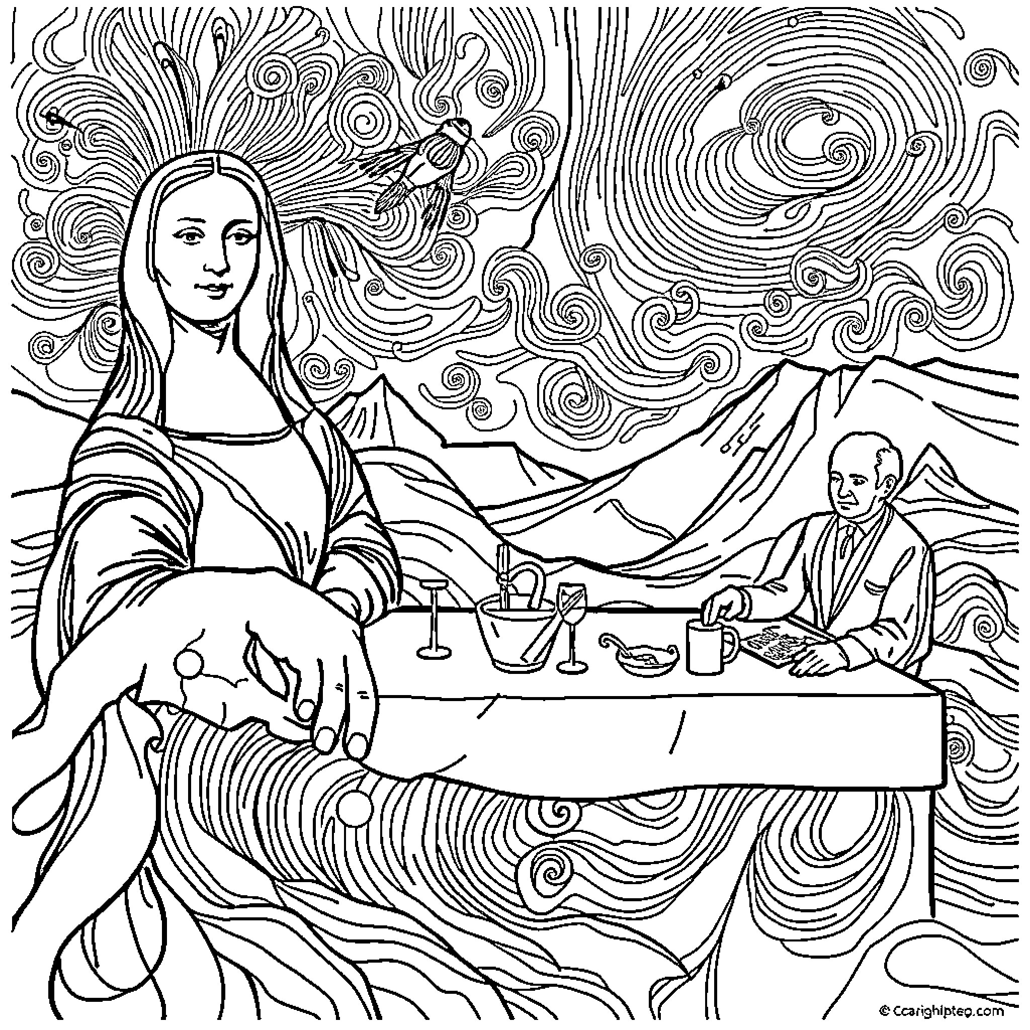 Art of the Enigmatic Mona Lisa and the Contemplative Artist Coloring Page (free black-and-white line drawing printable PDF for all, from beginners to advanced learners, including children, teens, adults, and seniors)