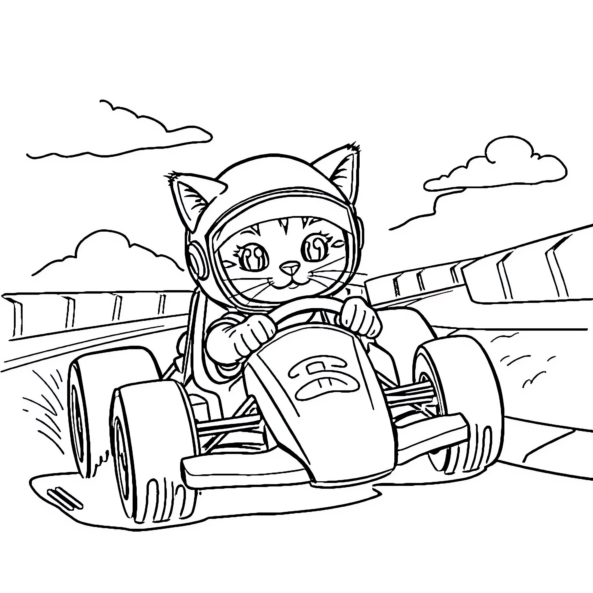 Cat driving a race car on the track Coloring Page (free black-and-white line drawing printable PDF for all, from beginners to advanced learners, including children, teens, adults, and seniors)