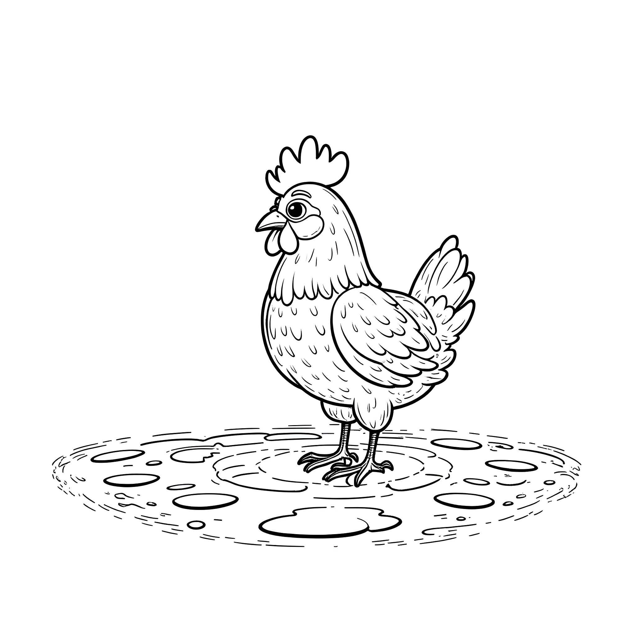 Chicken standing on a muddy field Coloring Page (free black-and-white line drawing printable PDF for all, from beginners to advanced learners, including children, teens, adults, and seniors)