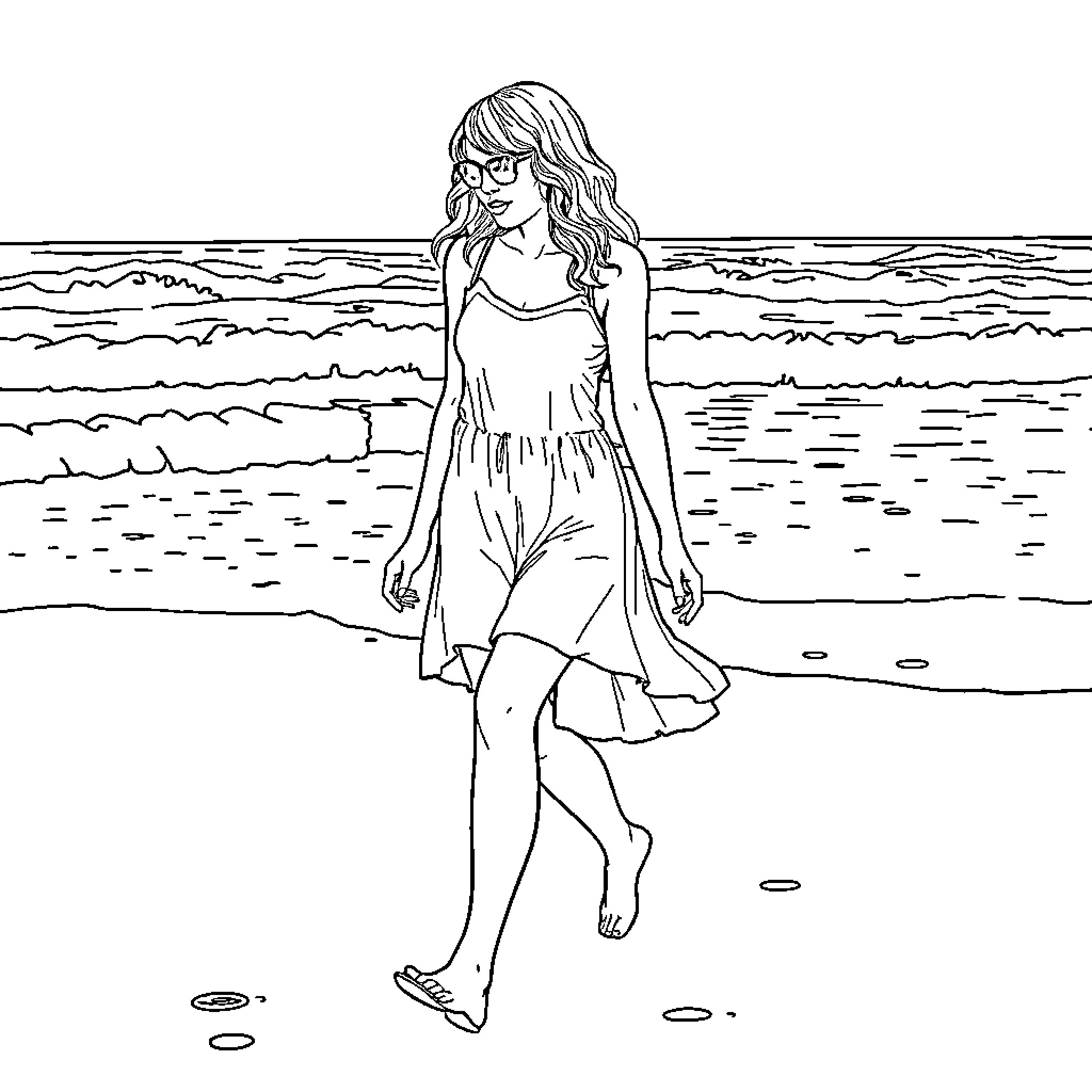 Taylor Swift strolling along the beach Coloring Page (free black-and-white line drawing printable PDF for all, from beginners to advanced learners, including children, teens, adults, and seniors)