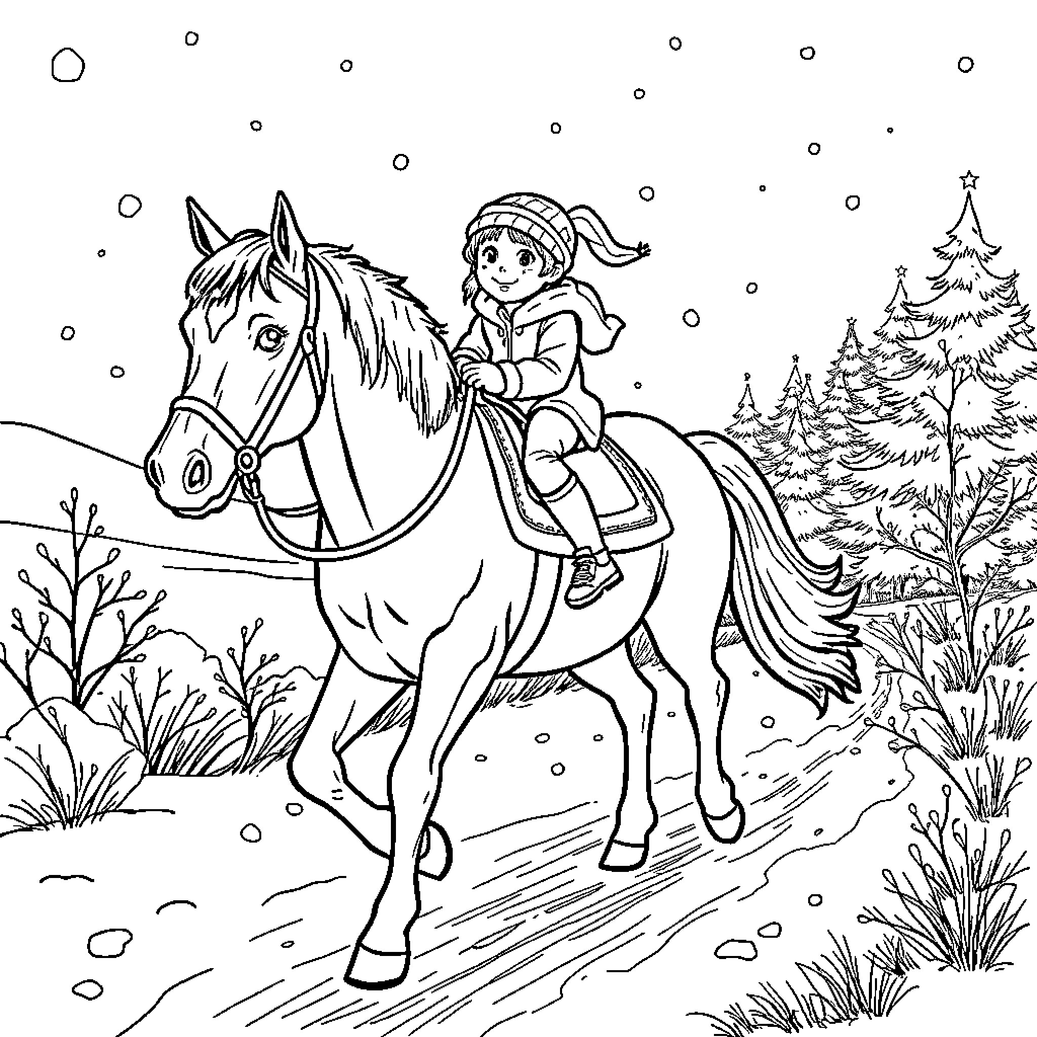 Girl riding horse through snowy winter landscape Coloring Page (free black-and-white line drawing printable PDF for all, from beginners to advanced learners, including children, teens, adults, and seniors)