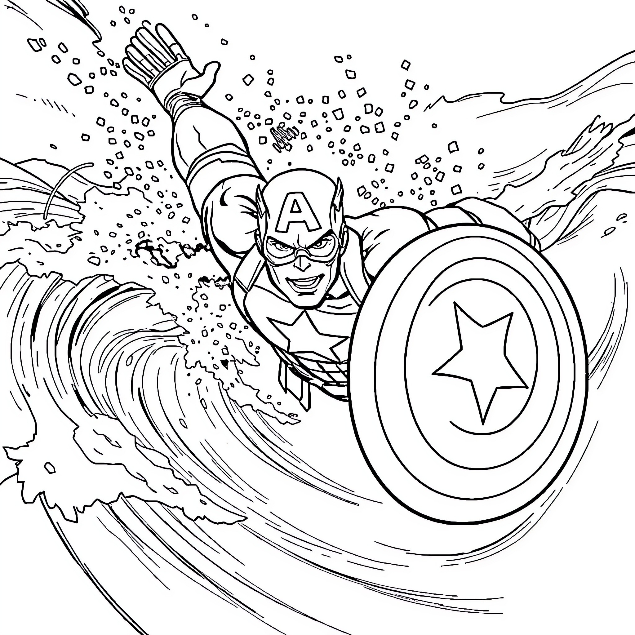 Captain America Surfing Through Powerful Waves Coloring Page (free black-and-white line drawing printable PDF for all, from beginners to advanced learners, including children, teens, adults, and seniors)
