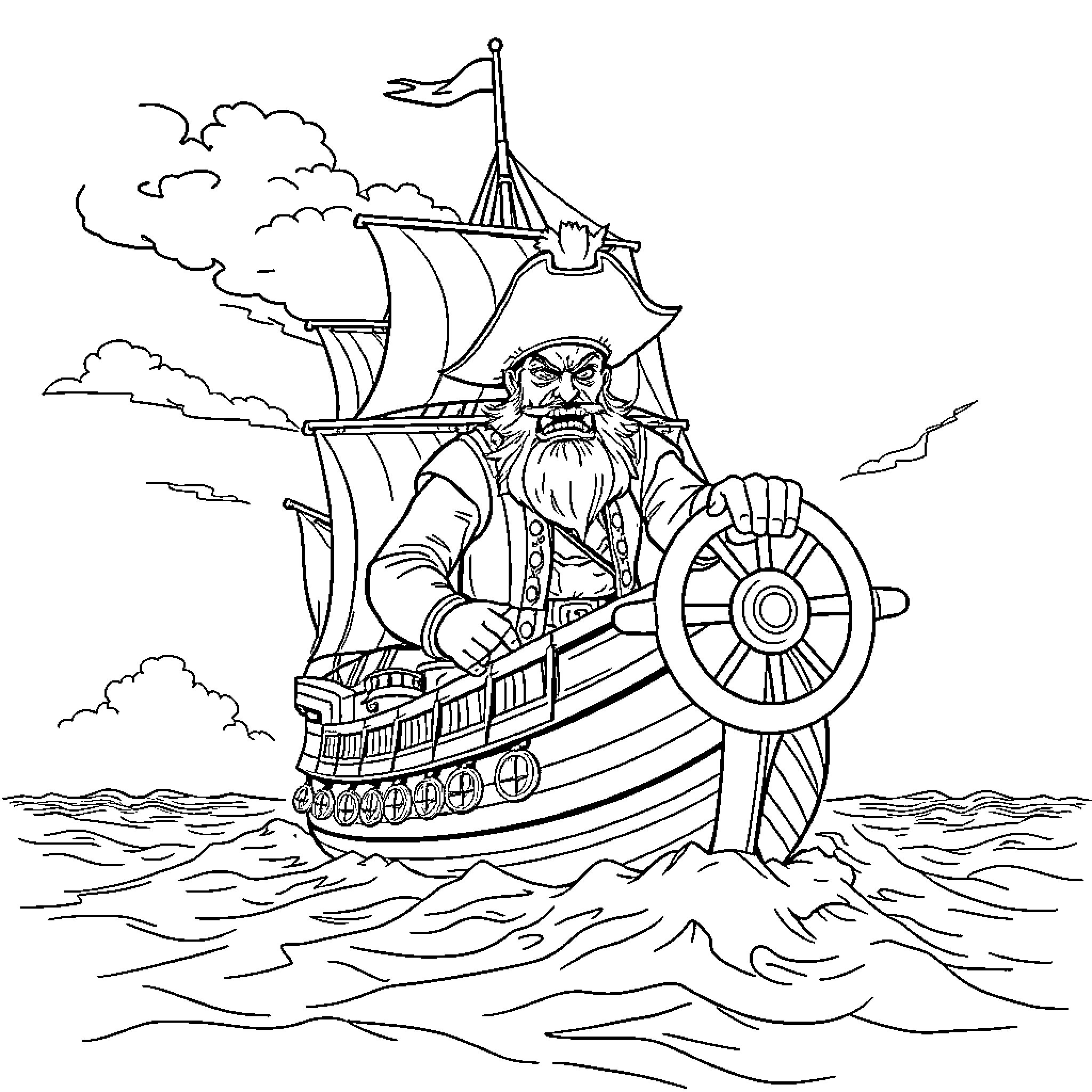 Galleon sailing the stormy seas commanded by a captain Coloring Page (free black-and-white line drawing printable PDF for all, from beginners to advanced learners, including children, teens, adults, and seniors)