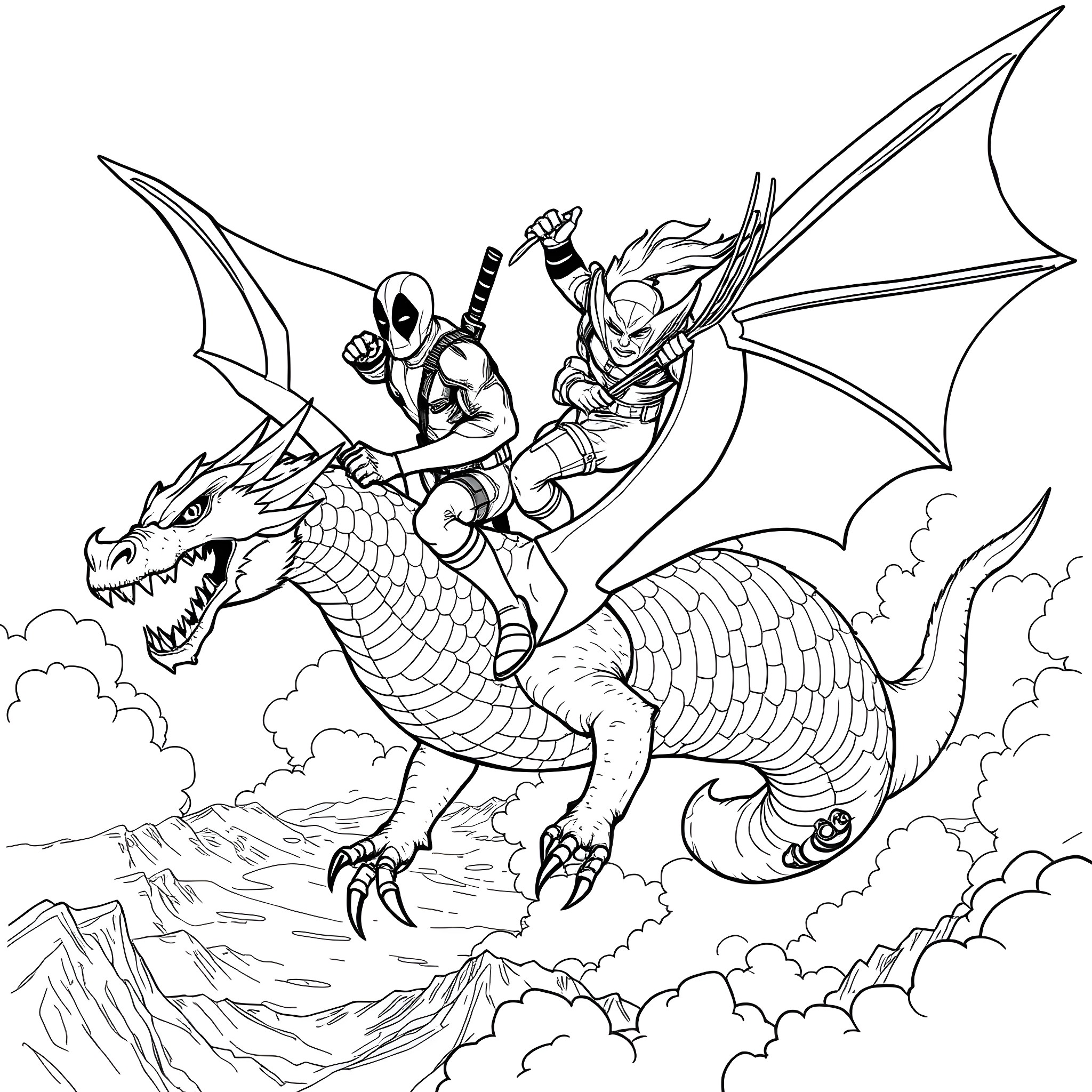 Deadpool riding a fierce dragon in the skies Coloring Page (free black-and-white line drawing printable PDF for all, from beginners to advanced learners, including children, teens, adults, and seniors)
