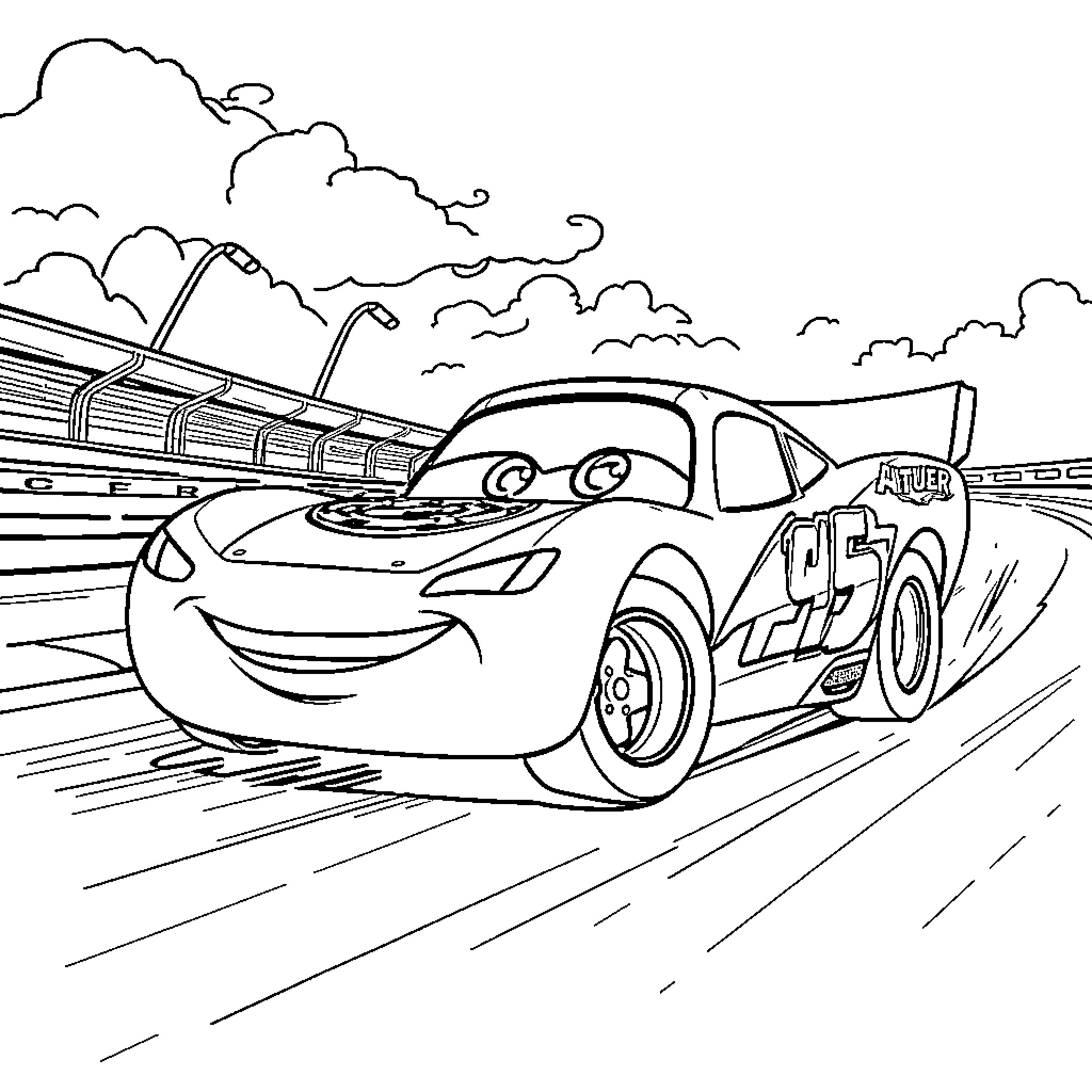 Flash McQueen racing at high speed on the track Coloring Page (free black-and-white line drawing printable PDF for all, from beginners to advanced learners, including children, teens, adults, and seniors)