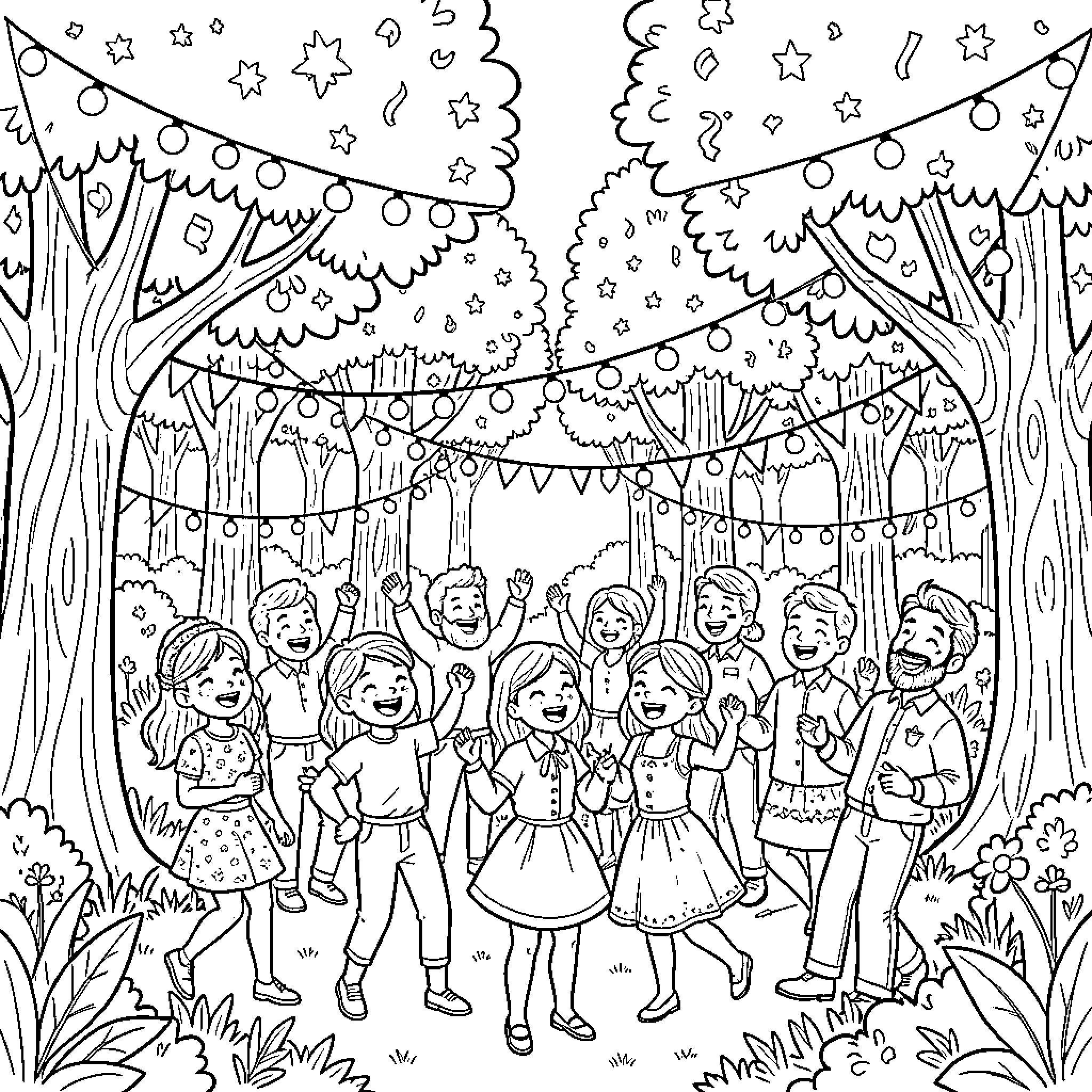 Fiesta celebration with joyful people in a festive setting Coloring Page (free black-and-white line drawing printable PDF for all, from beginners to advanced learners, including children, teens, adults, and seniors)