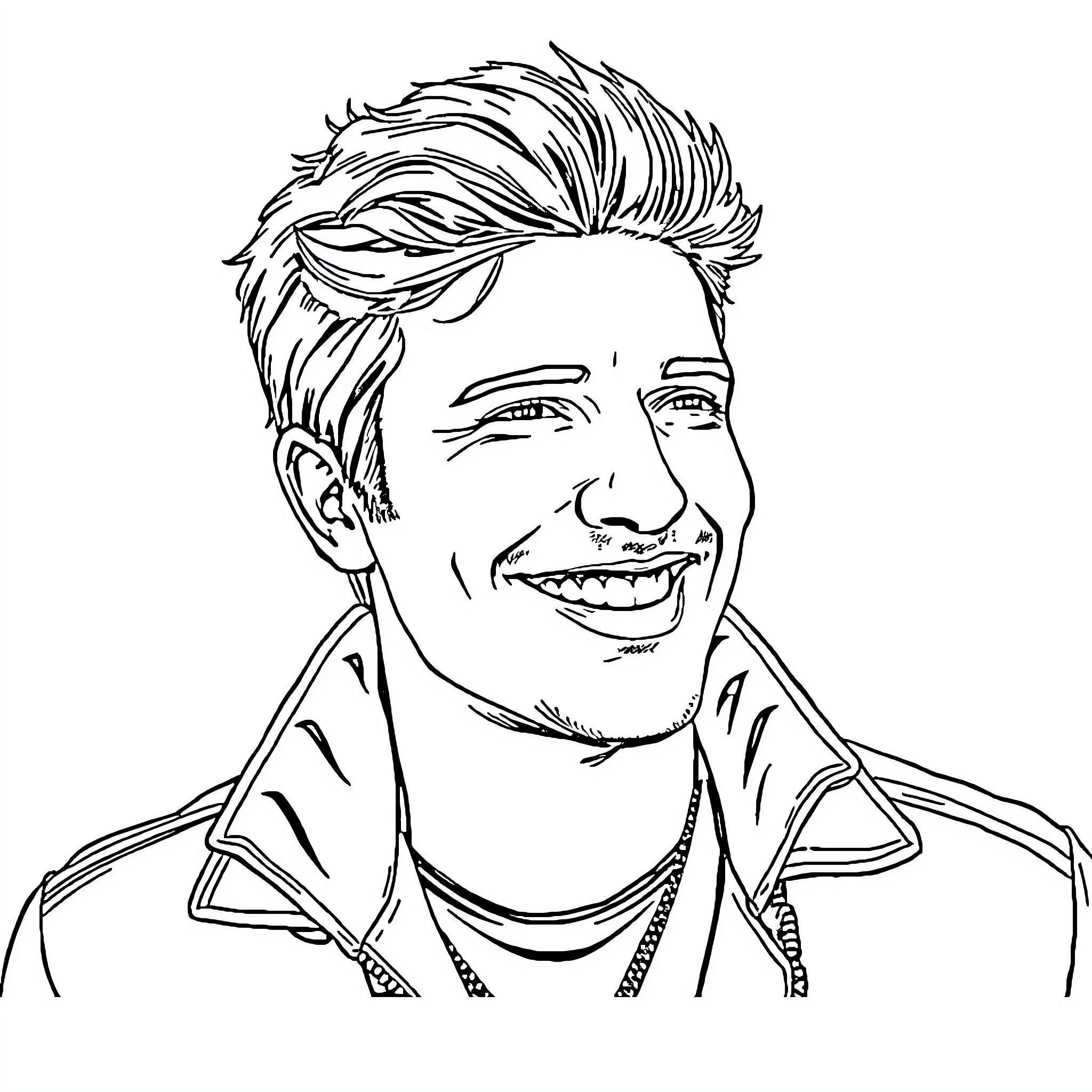 Pedro Pascal smiling brightly with energetic expression Coloring Page (free black-and-white line drawing printable PDF for all, from beginners to advanced learners, including children, teens, adults, and seniors)