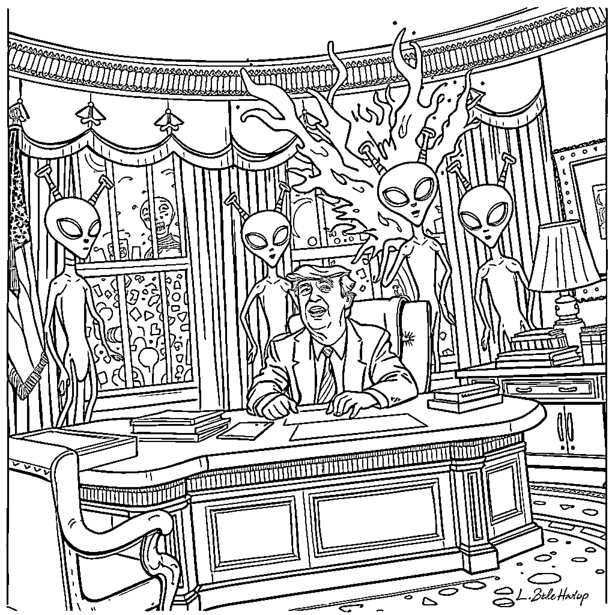 Donald Trump's Mysterious Encounter with Alien Visitors Coloring Page (free black-and-white line drawing printable PDF for all, from beginners to advanced learners, including children, teens, adults, and seniors)