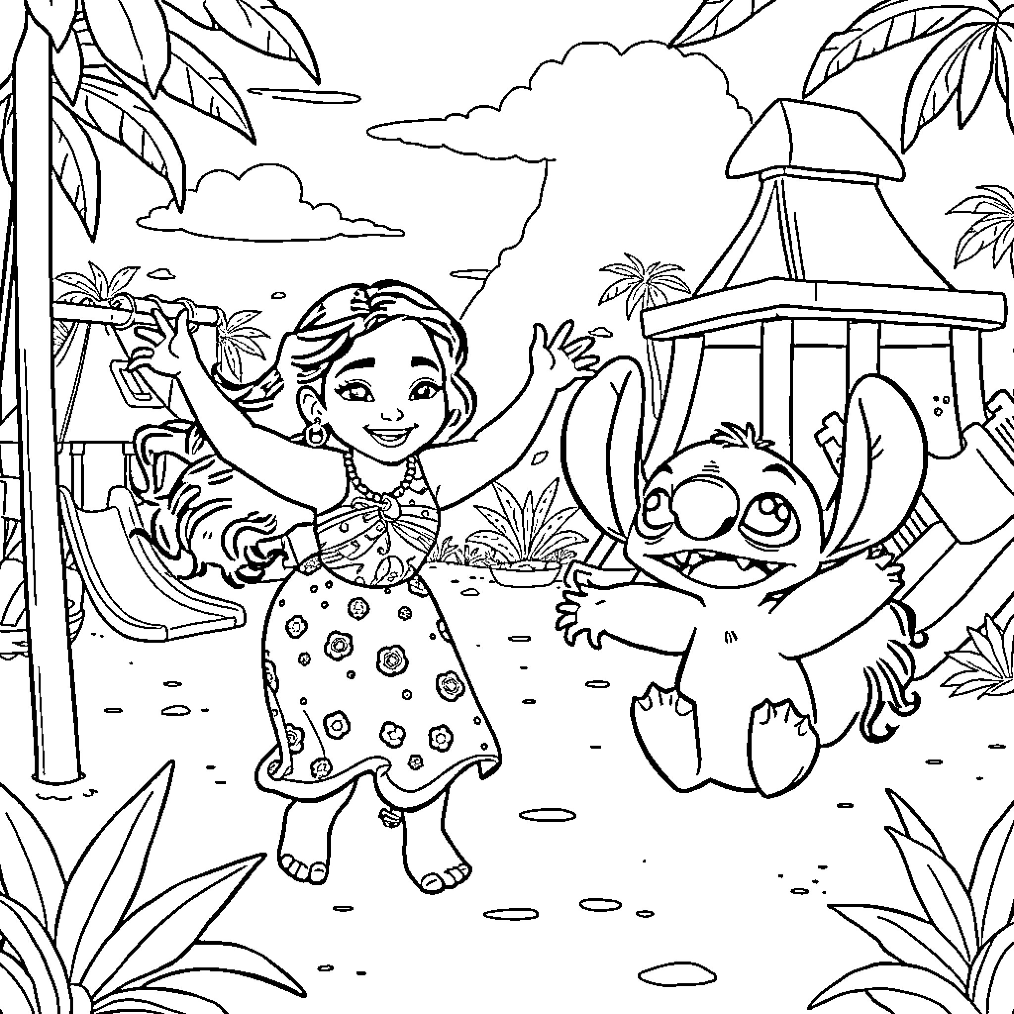 Moana Enjoying Nature with Stitch in Tropical Paradise Coloring Page (free black-and-white line drawing printable PDF for all, from beginners to advanced learners, including children, teens, adults, and seniors)