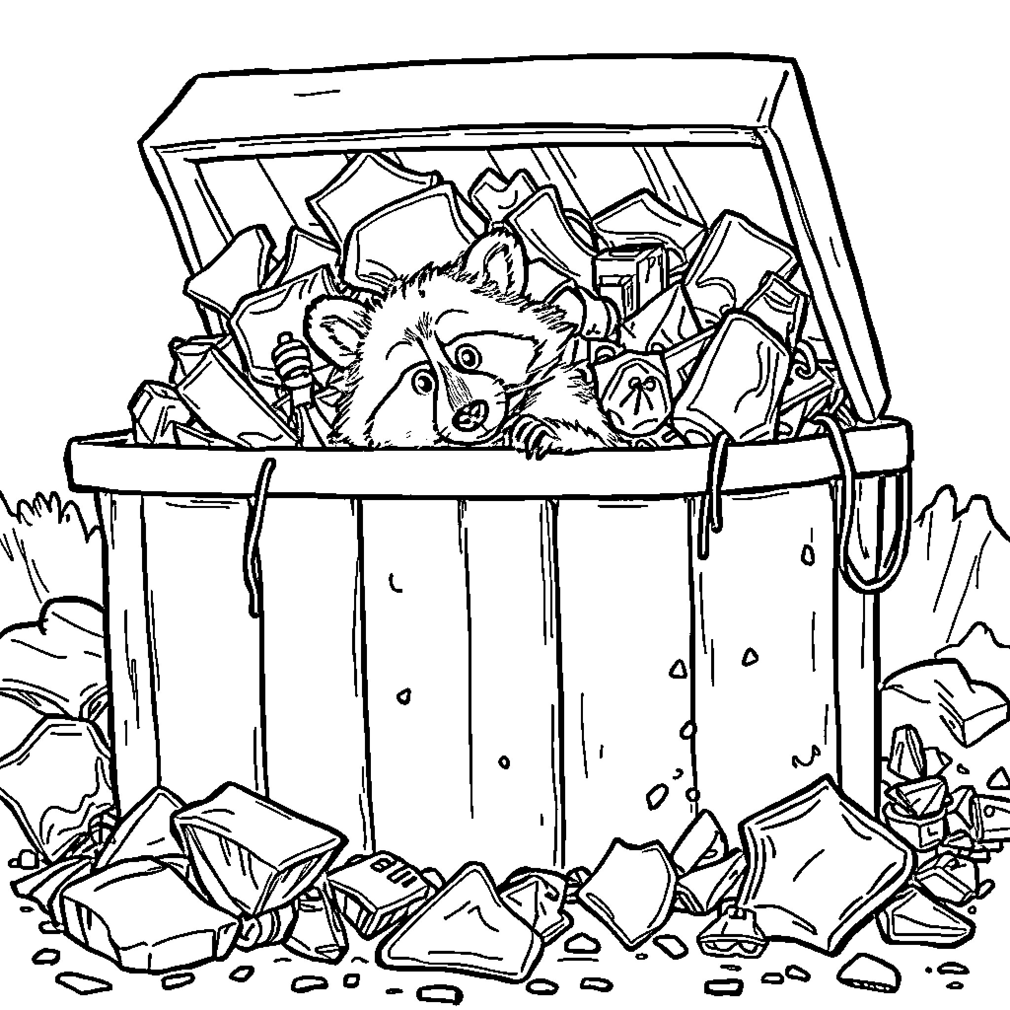 Raccoon exploring a messy trash can Coloring Page (free black-and-white line drawing printable PDF for all, from beginners to advanced learners, including children, teens, adults, and seniors)
