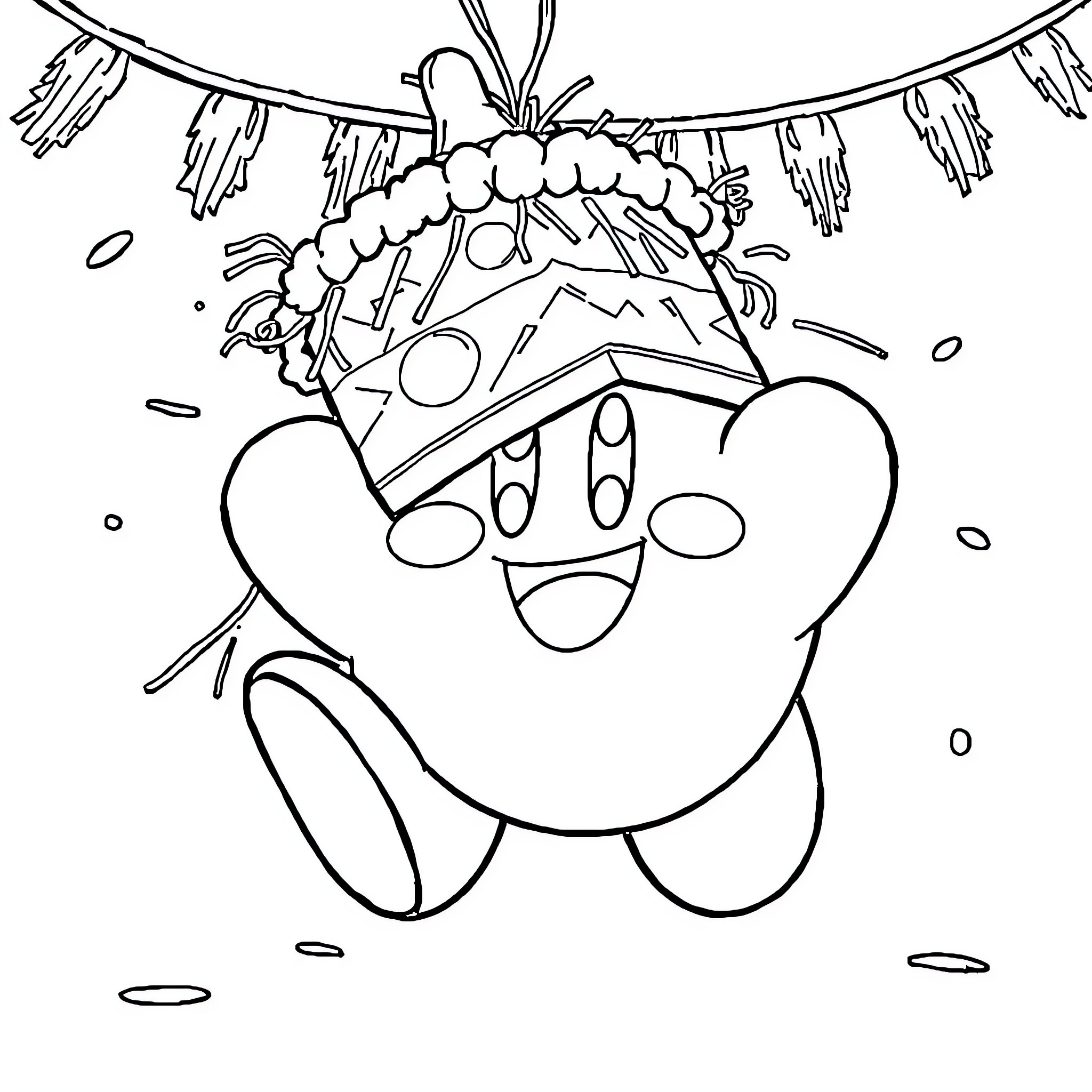 Kirby Celebrating with Party Decorations Coloring Page (free black-and-white line drawing printable PDF for all, from beginners to advanced learners, including children, teens, adults, and seniors)